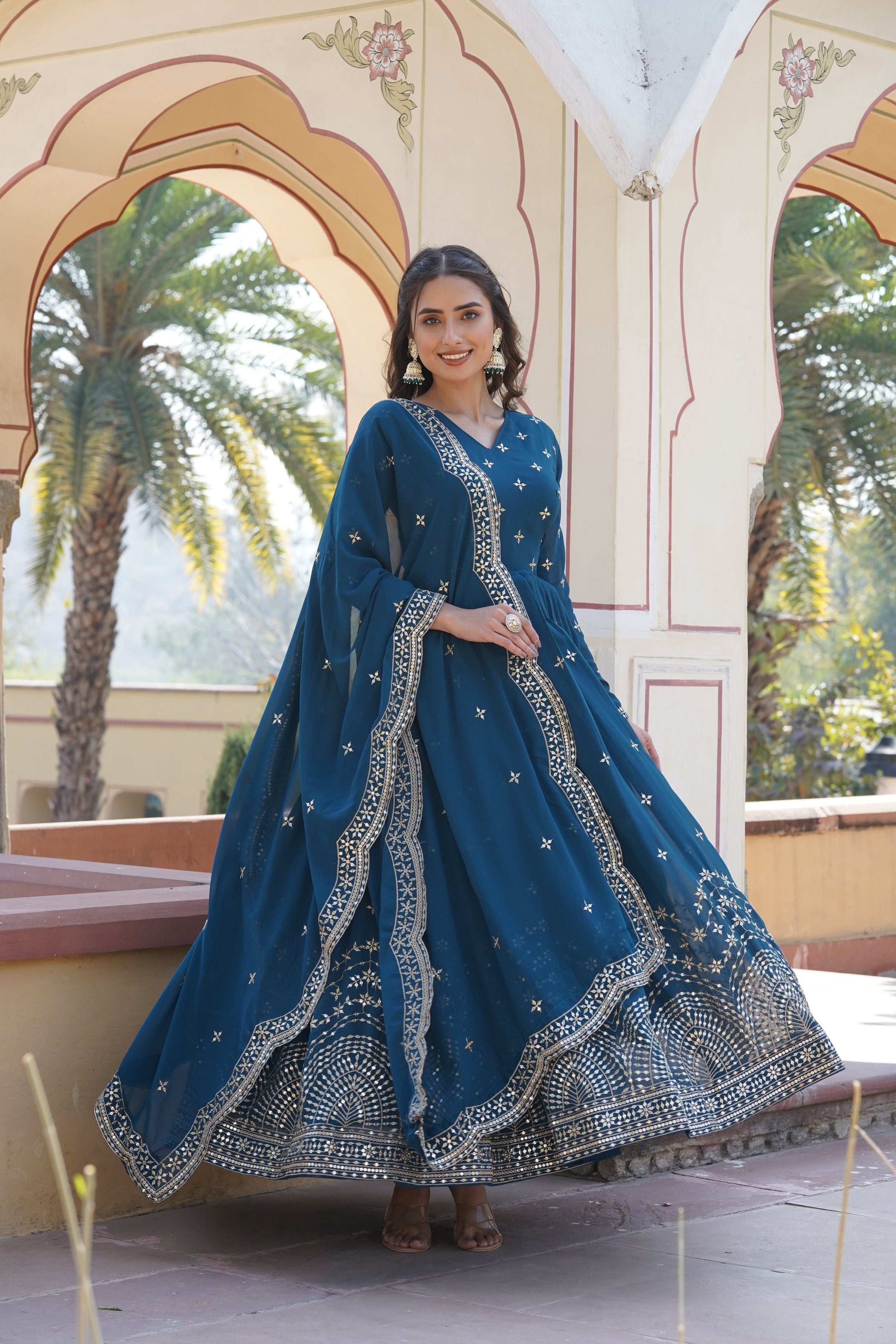 Jyoti Fashion Women's Rama Faux Georgette Sequins with Zari Embroidered Anarkali Kurta with Dupatta | Swadesiicart