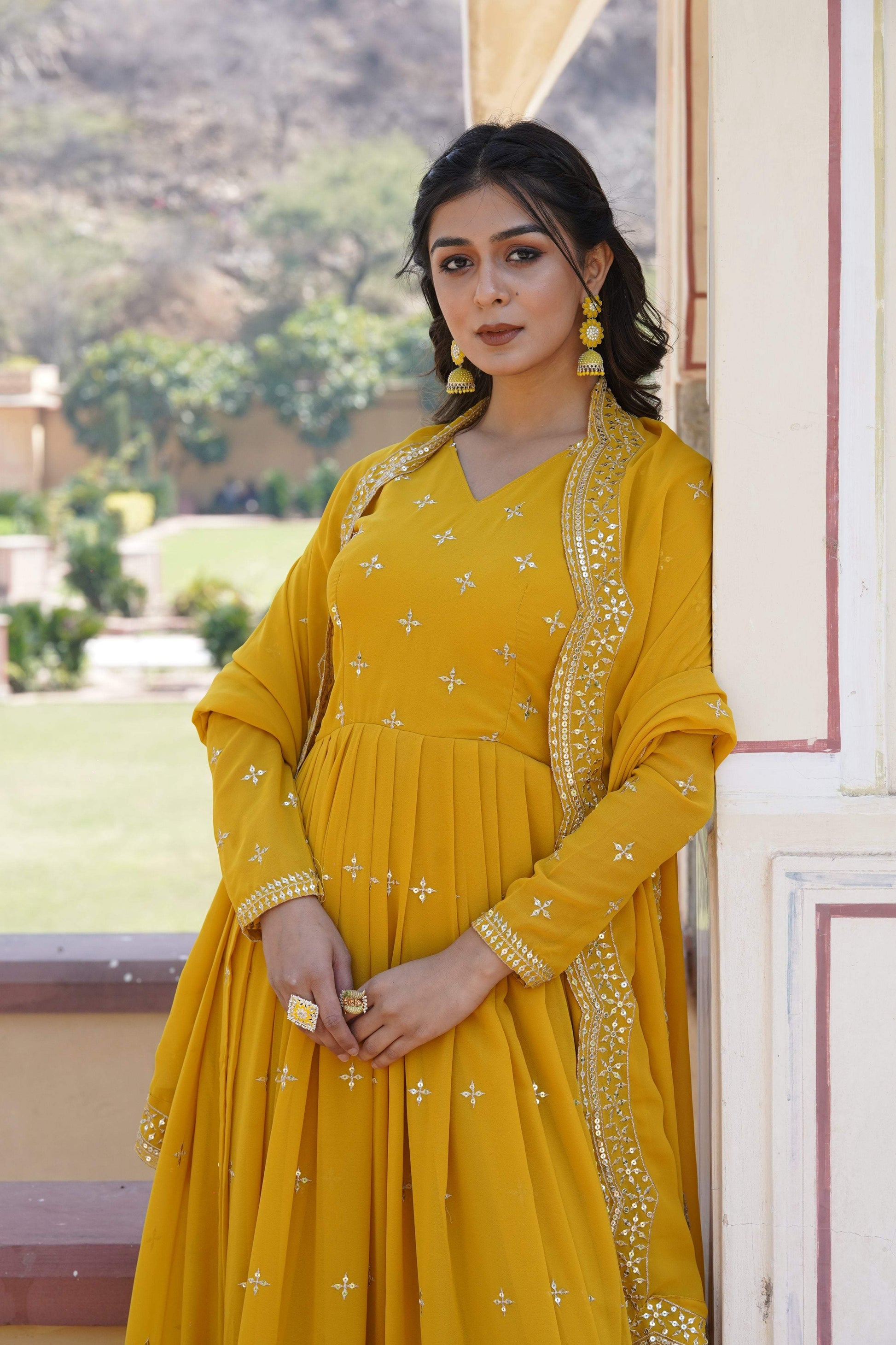 Jyoti Fashion Women's Yellow Faux Georgette Sequins with Zari Embroidered Anarkali Kurta with Dupatta | Swadesiicart