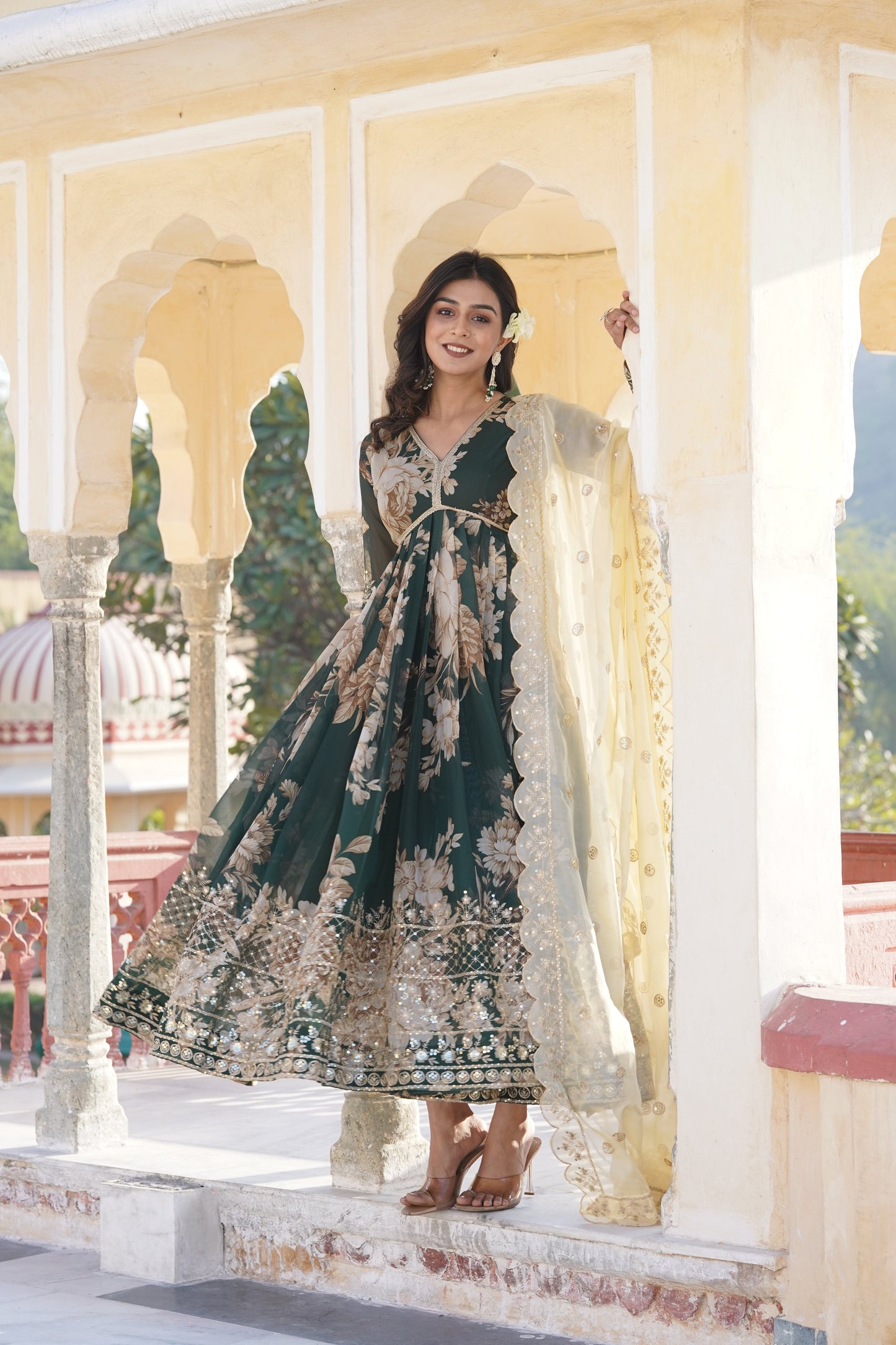 Jyoti Fashion Women's Bottle Green Russian Silk Sequins with Zari Embroidered Anarkali Kurta with Dupatta | Swadesiicart