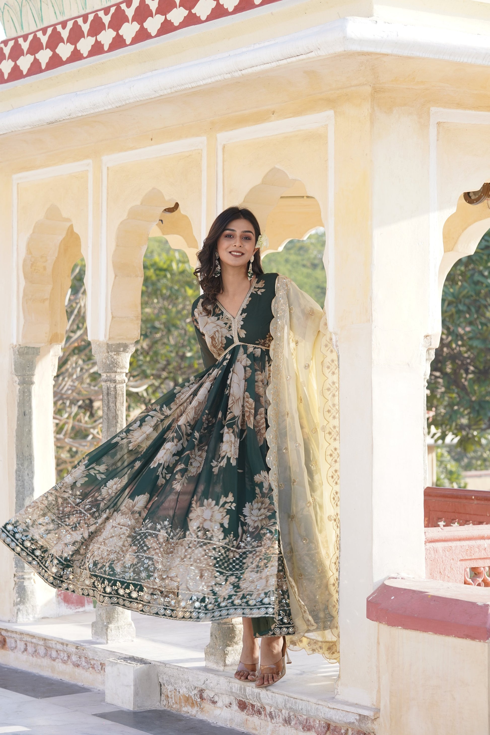 Jyoti Fashion Women's Bottle Green Russian Silk Sequins with Zari Embroidered Anarkali Kurta with Dupatta | Swadesiicart