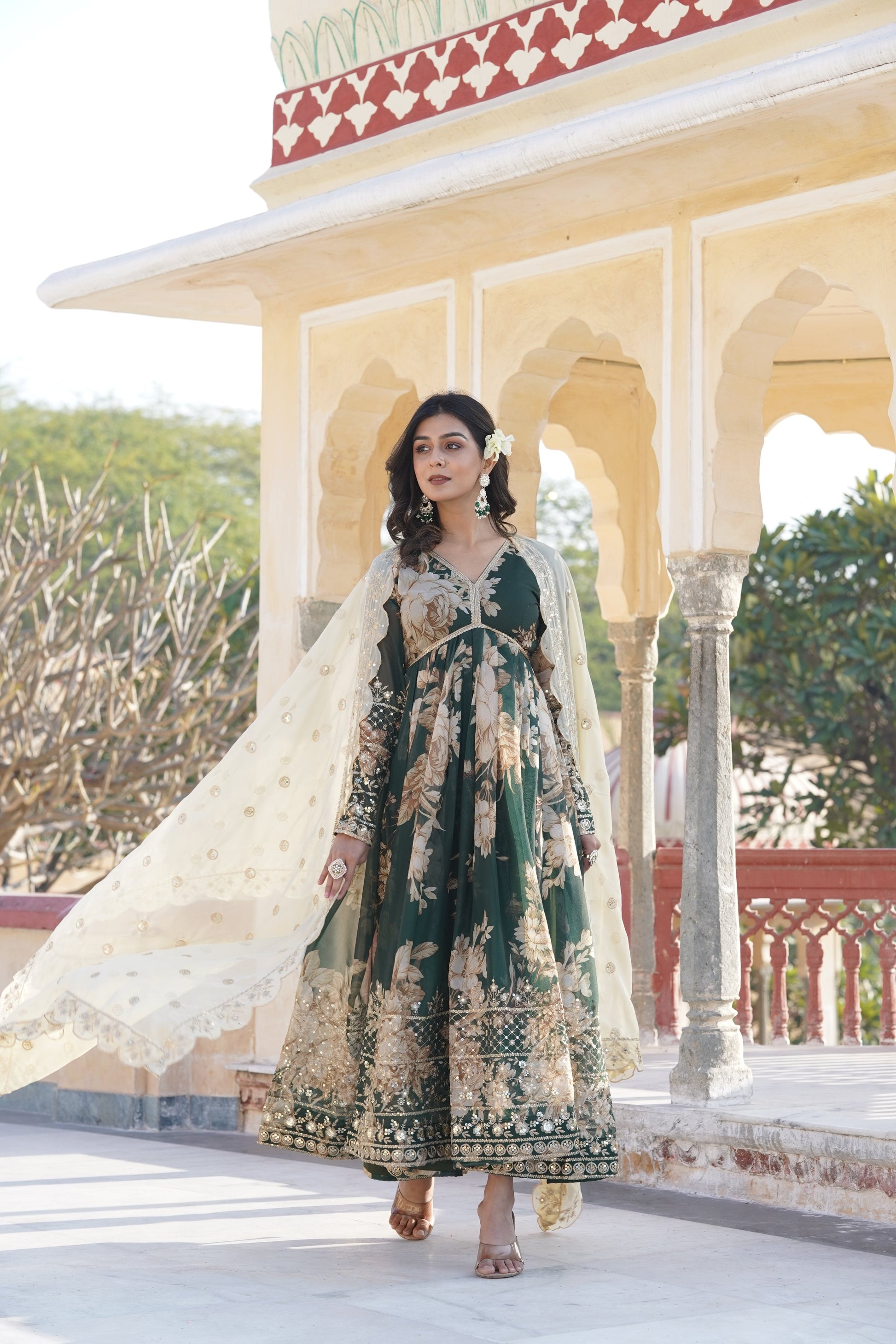 Jyoti Fashion Women's Bottle Green Russian Silk Sequins with Zari Embroidered Anarkali Kurta with Dupatta | Swadesiicart