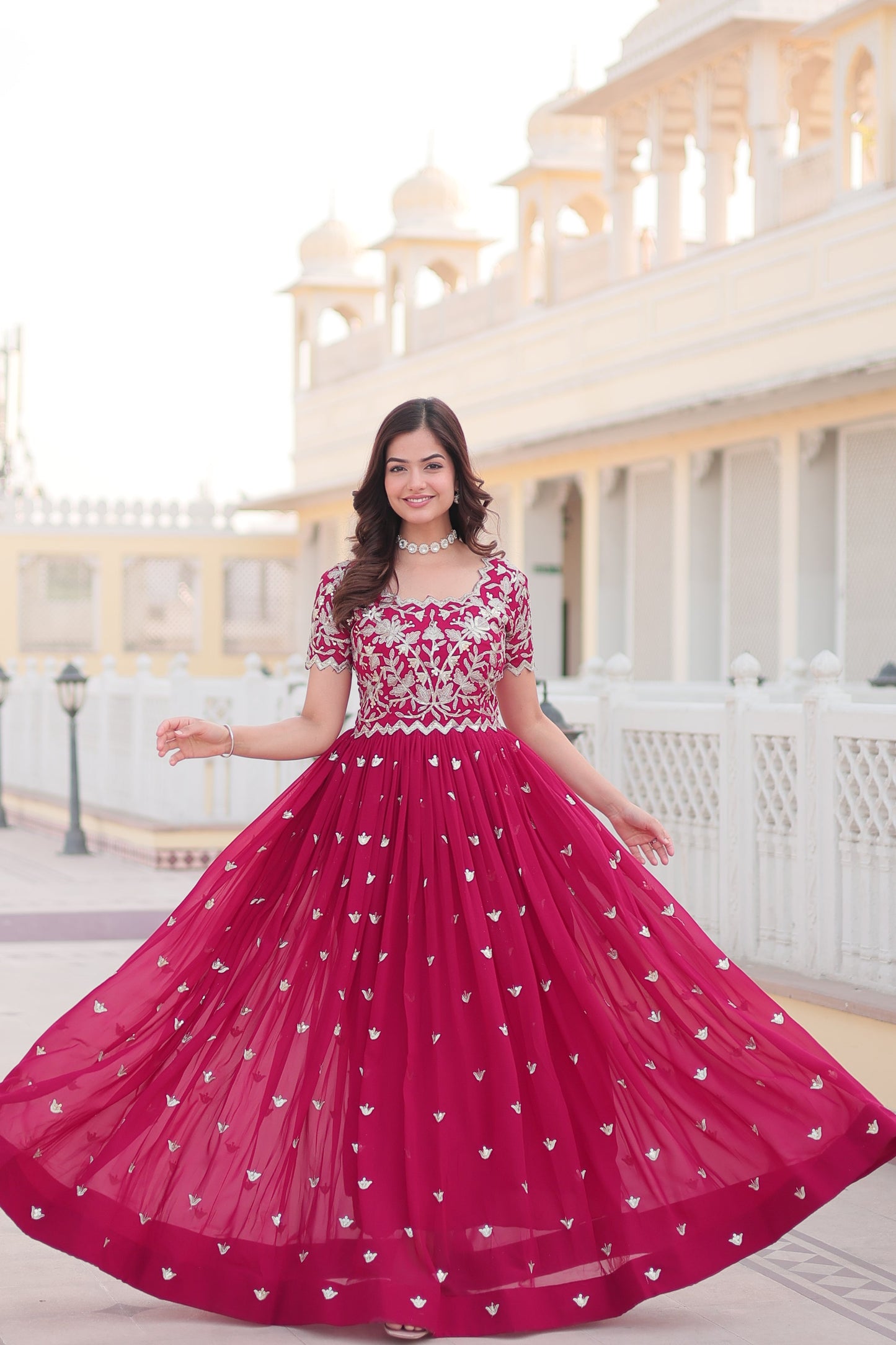 Jyoti Fashion Women's Rani Pink Faux Blooming Codding Sequins with Embroidered Long Anarkali Dress | Swadesiicart