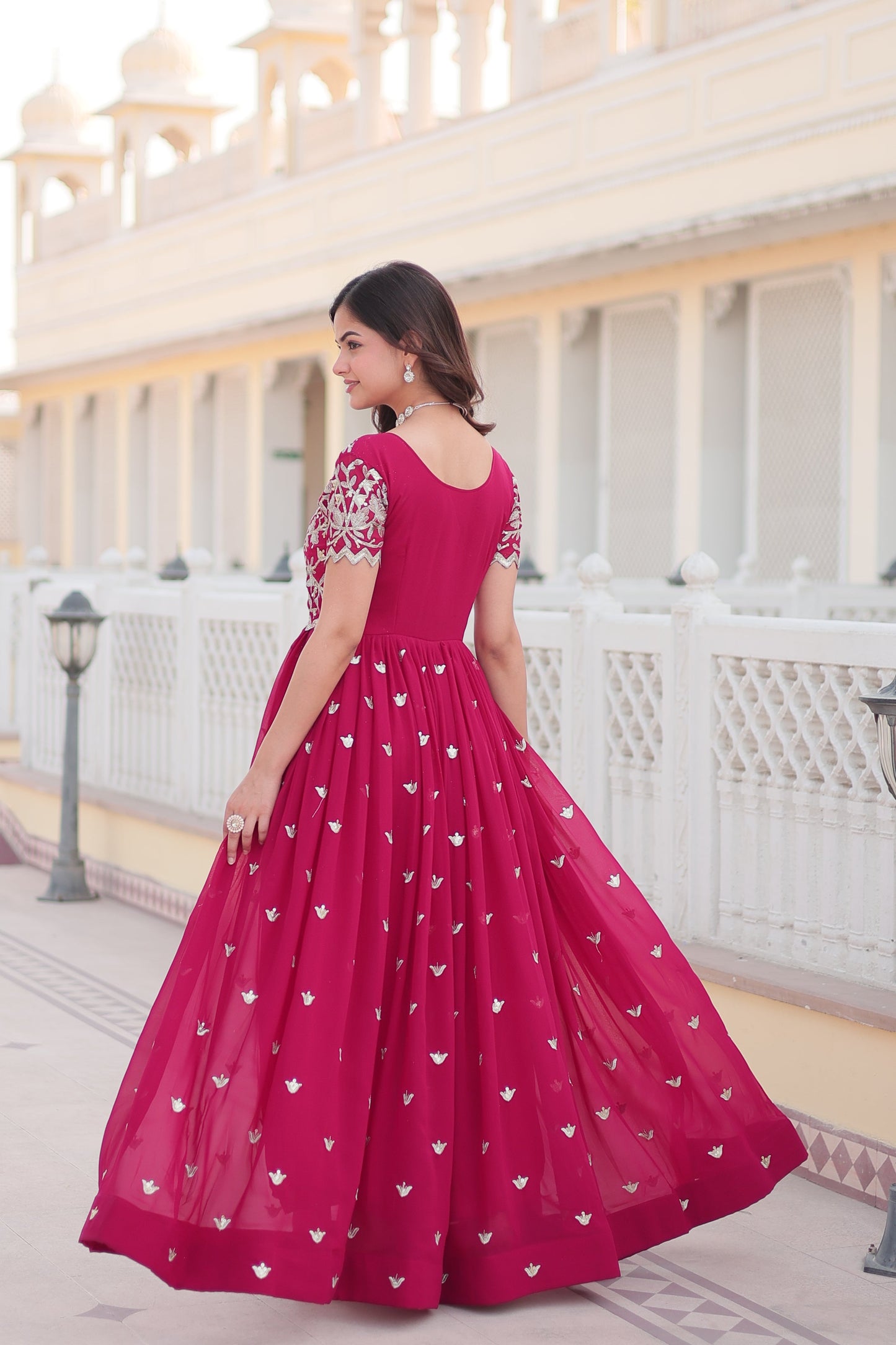 Jyoti Fashion Women's Rani Pink Faux Blooming Codding Sequins with Embroidered Long Anarkali Dress | Swadesiicart