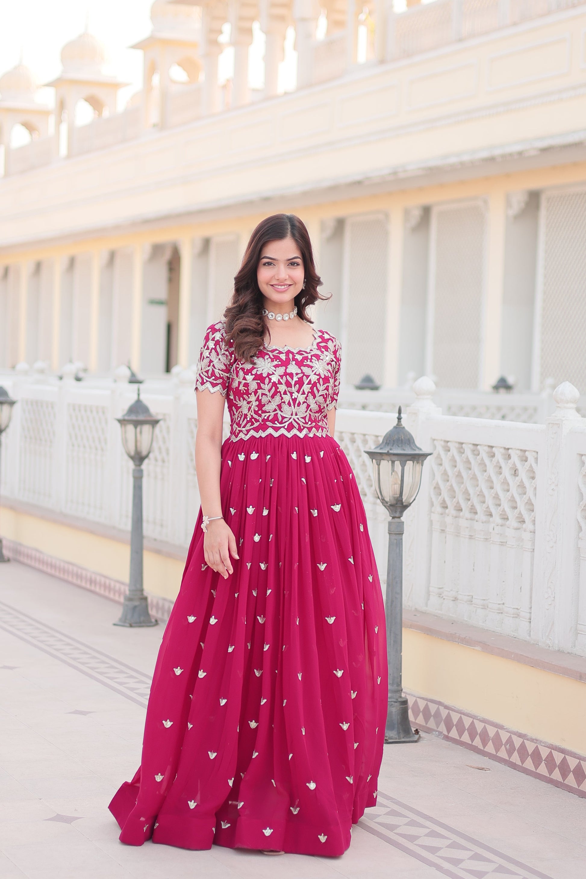 Jyoti Fashion Women's Rani Pink Faux Blooming Codding Sequins with Embroidered Long Anarkali Dress | Swadesiicart