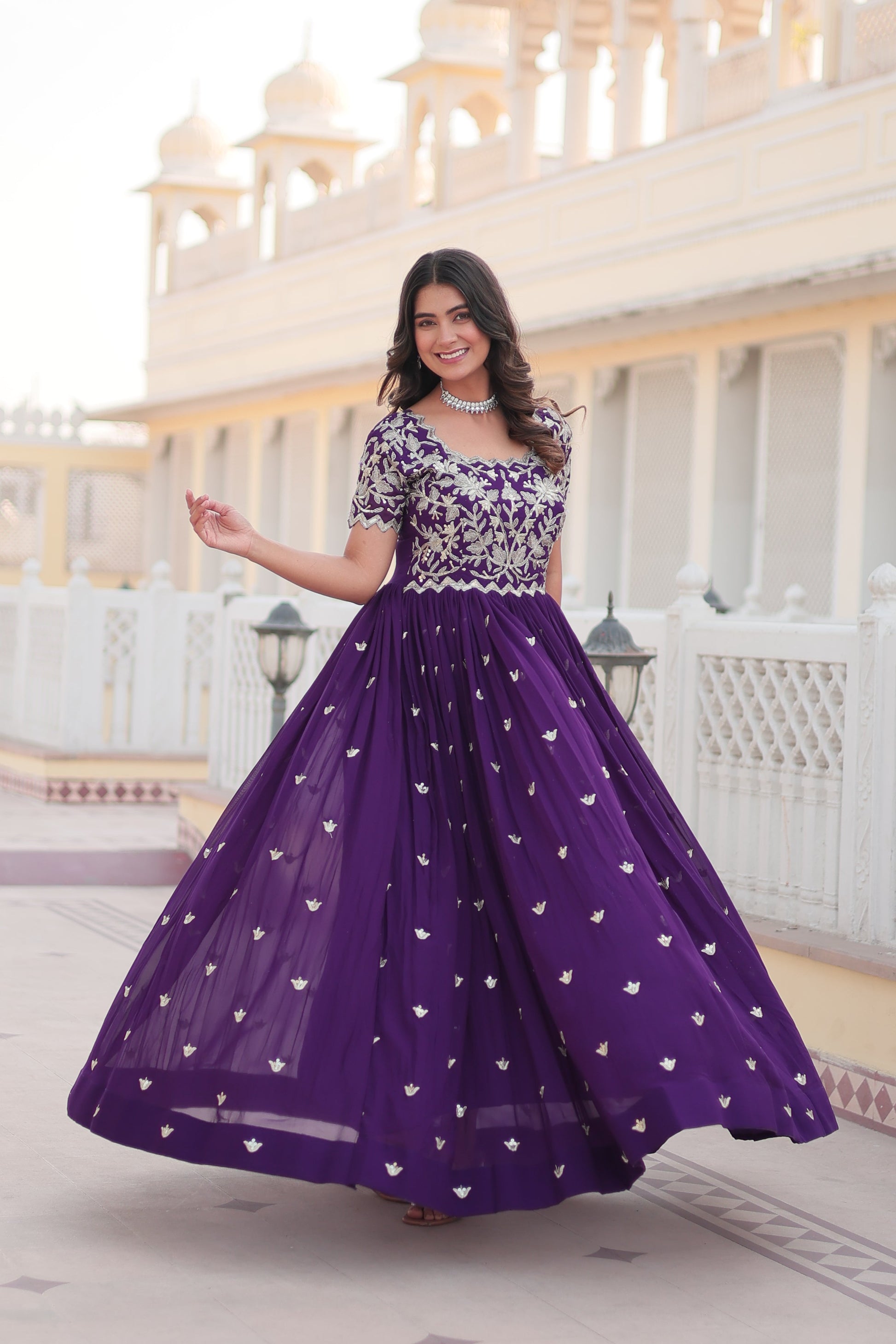 Jyoti Fashion Women's Purple Faux Blooming Codding Sequins with Embroidered Long Anarkali Dress | Swadesiicart