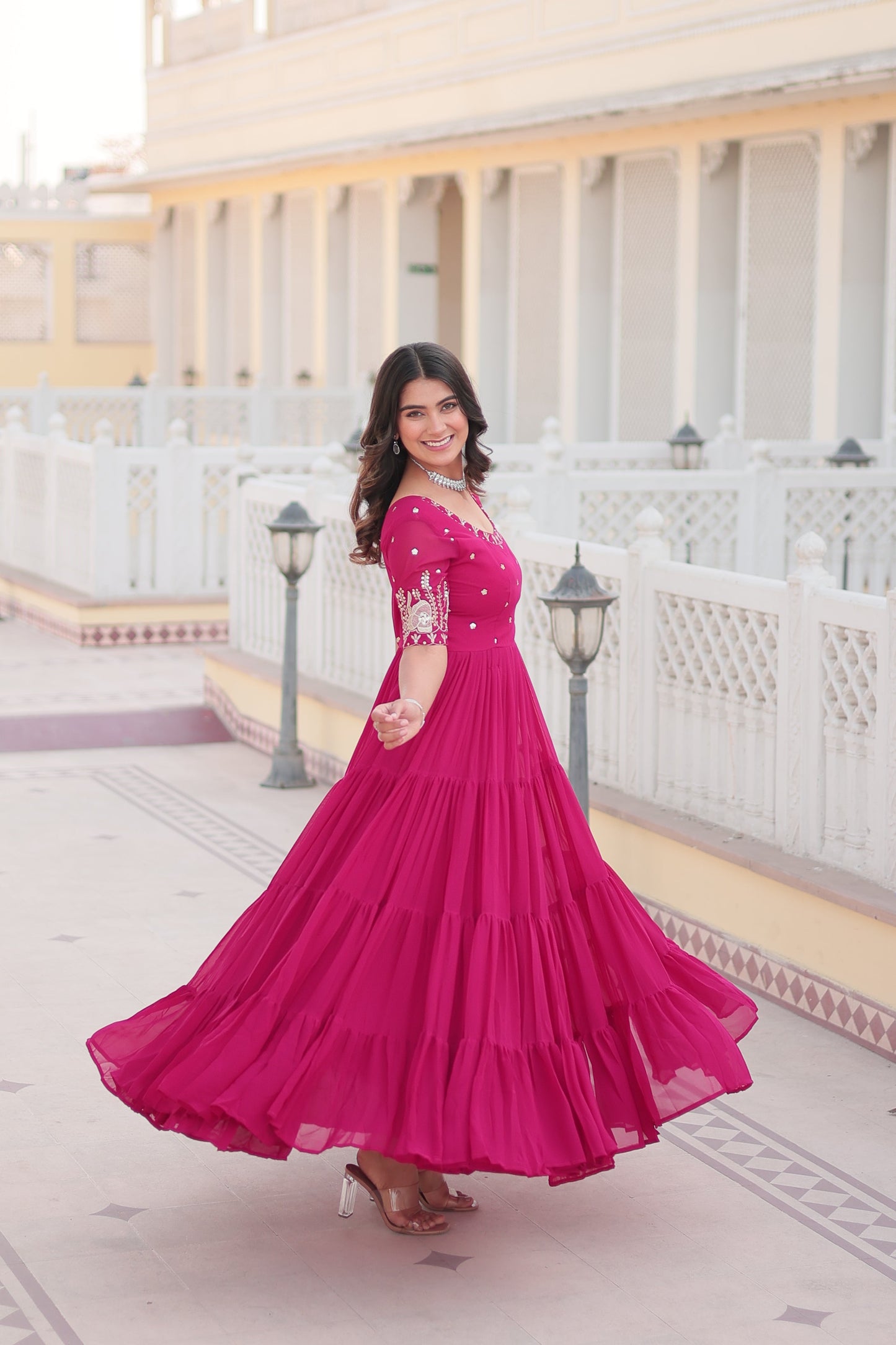 Jyoti Fashion Women's Rani Pink Faux Blooming Sequins with Zari Embroidered Long Anarkali Dress | Swadesiicart