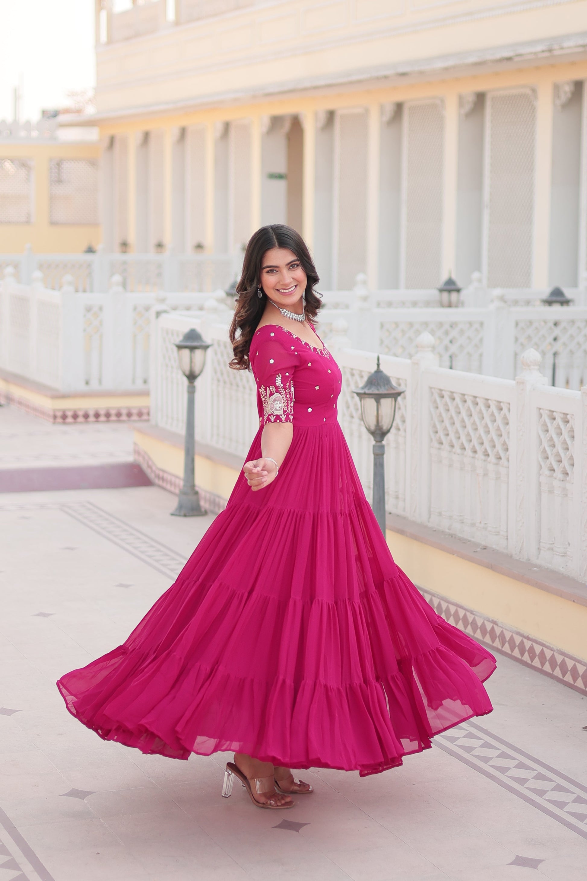 Jyoti Fashion Women's Rani Pink Faux Blooming Sequins with Zari Embroidered Long Anarkali Dress | Swadesiicart