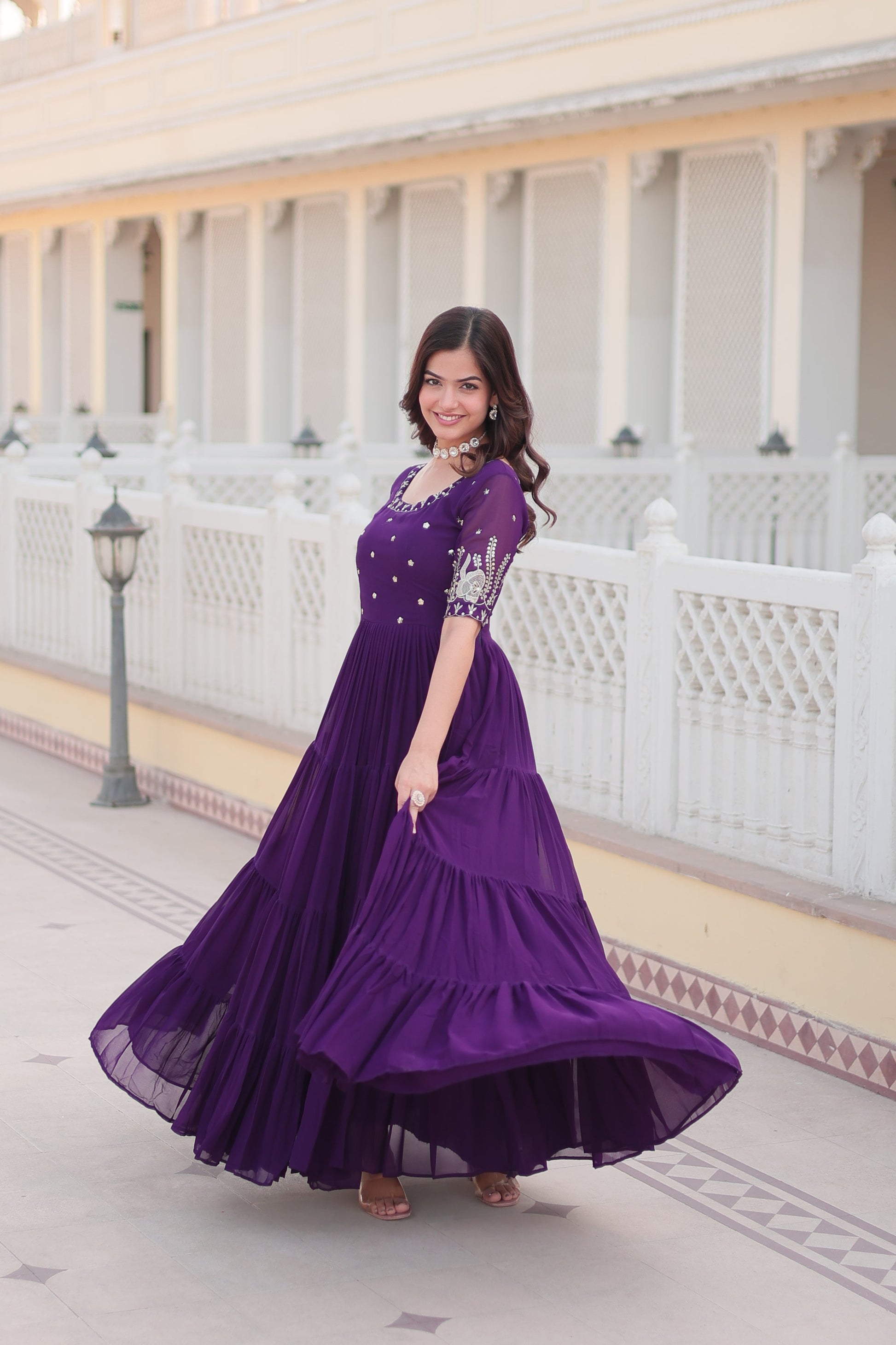 Jyoti Fashion Women's Purple Faux Blooming Sequins with Zari Embroidered Long Anarkali Dress | Swadesiicart