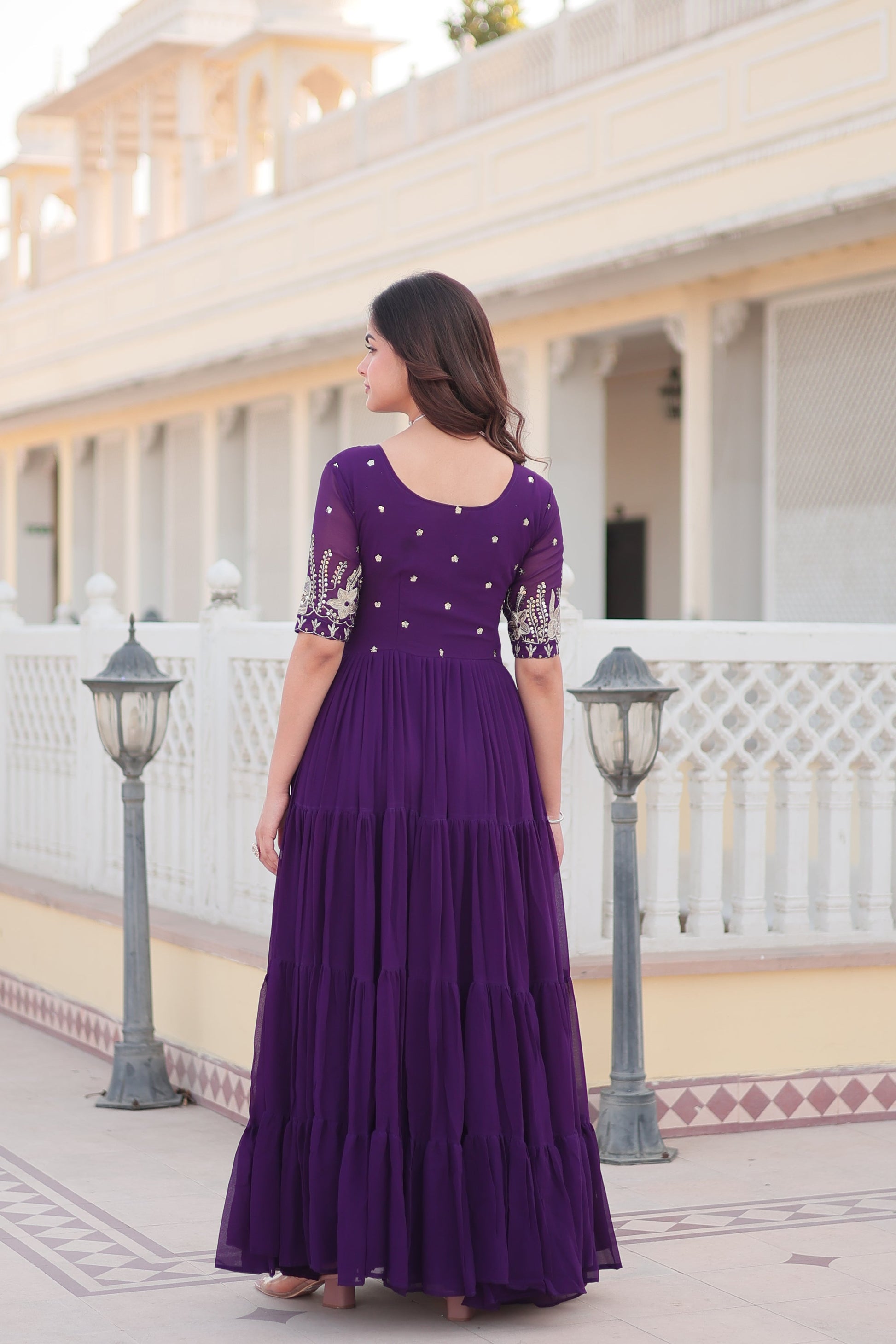 Jyoti Fashion Women's Purple Faux Blooming Sequins with Zari Embroidered Long Anarkali Dress | Swadesiicart