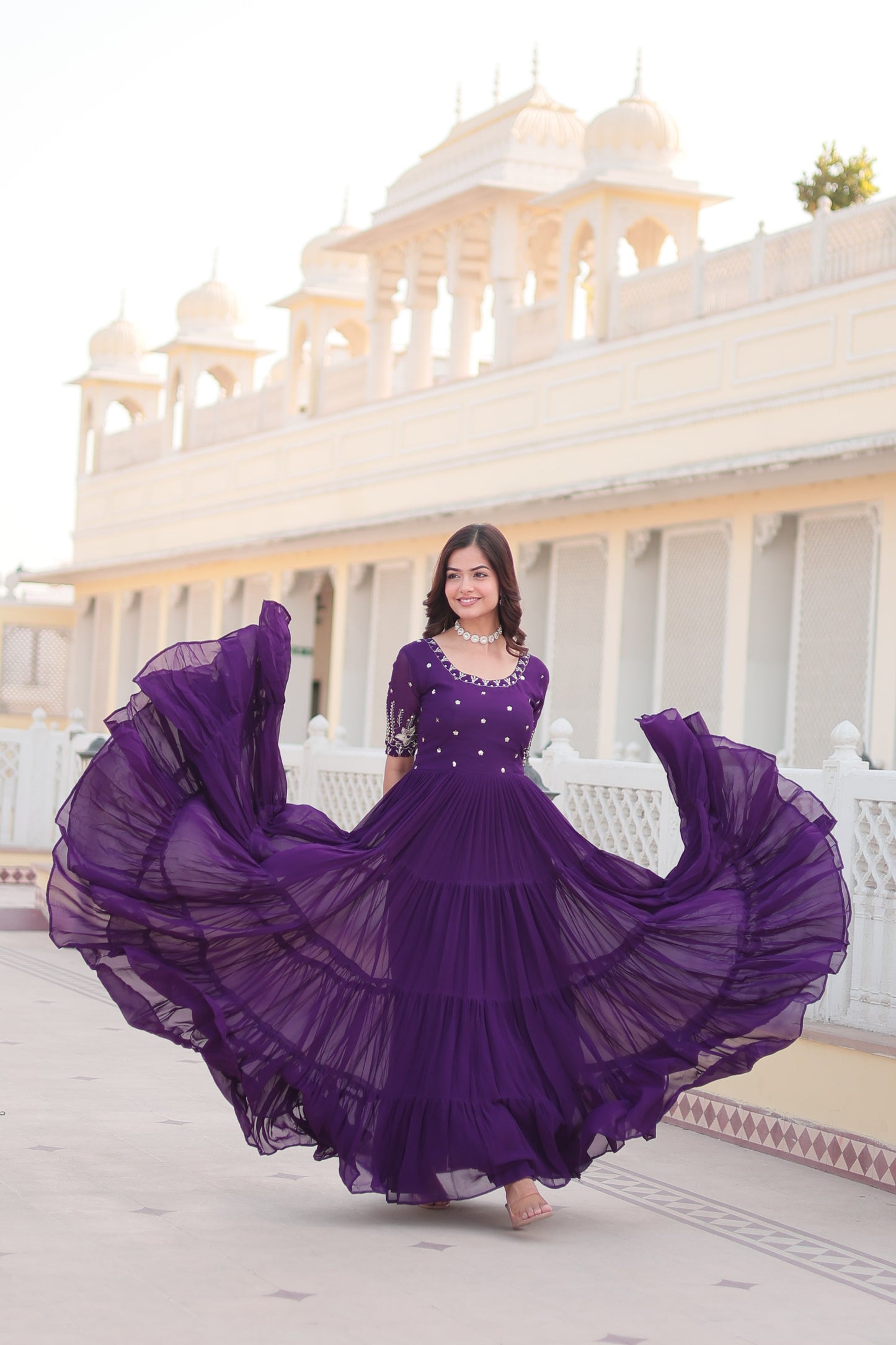 Jyoti Fashion Women's Purple Faux Blooming Sequins with Zari Embroidered Long Anarkali Dress | Swadesiicart