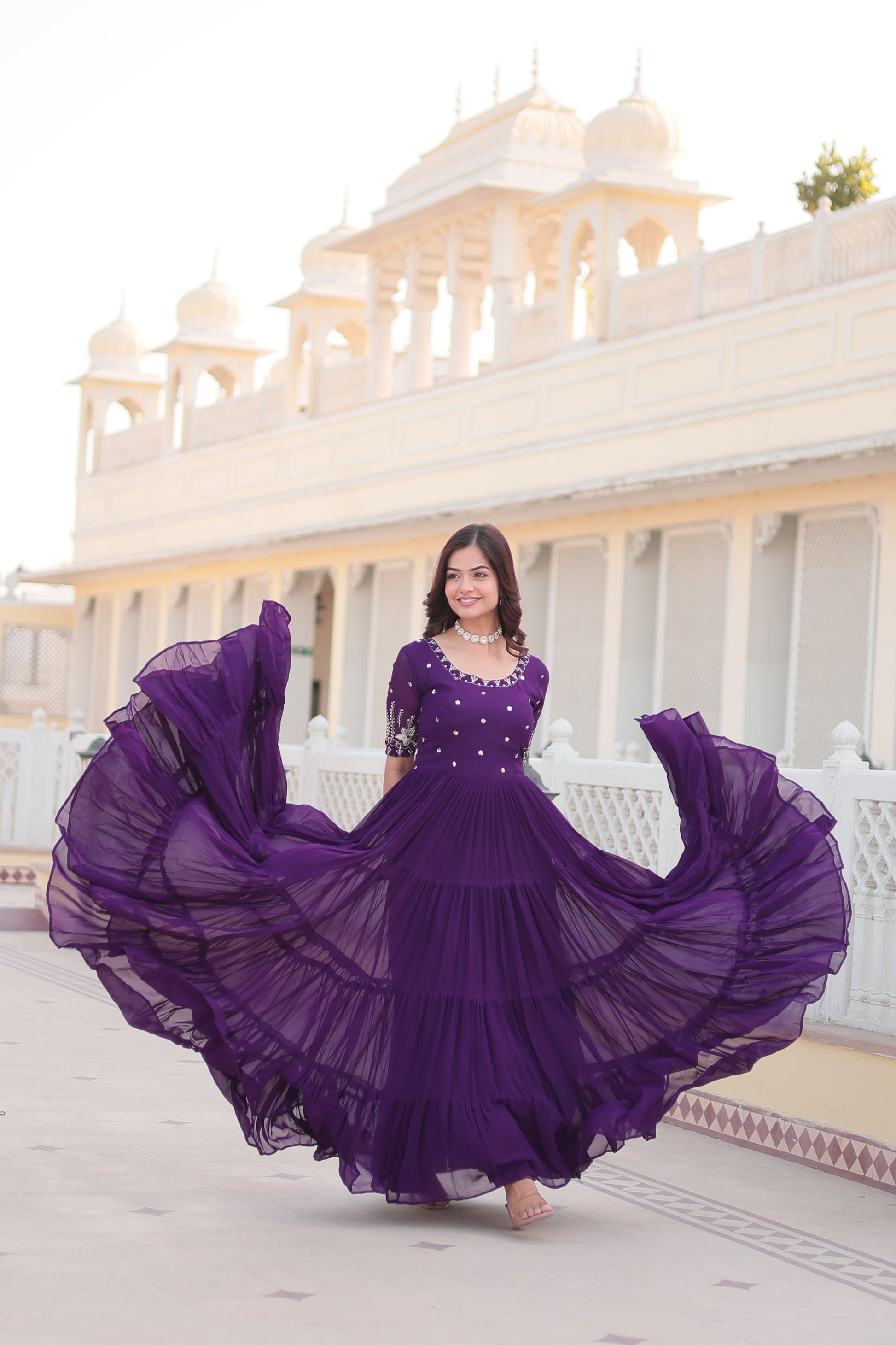 Jyoti Fashion Women's Purple Faux Blooming Sequins with Zari Embroidered Long Anarkali Dress | Swadesiicart