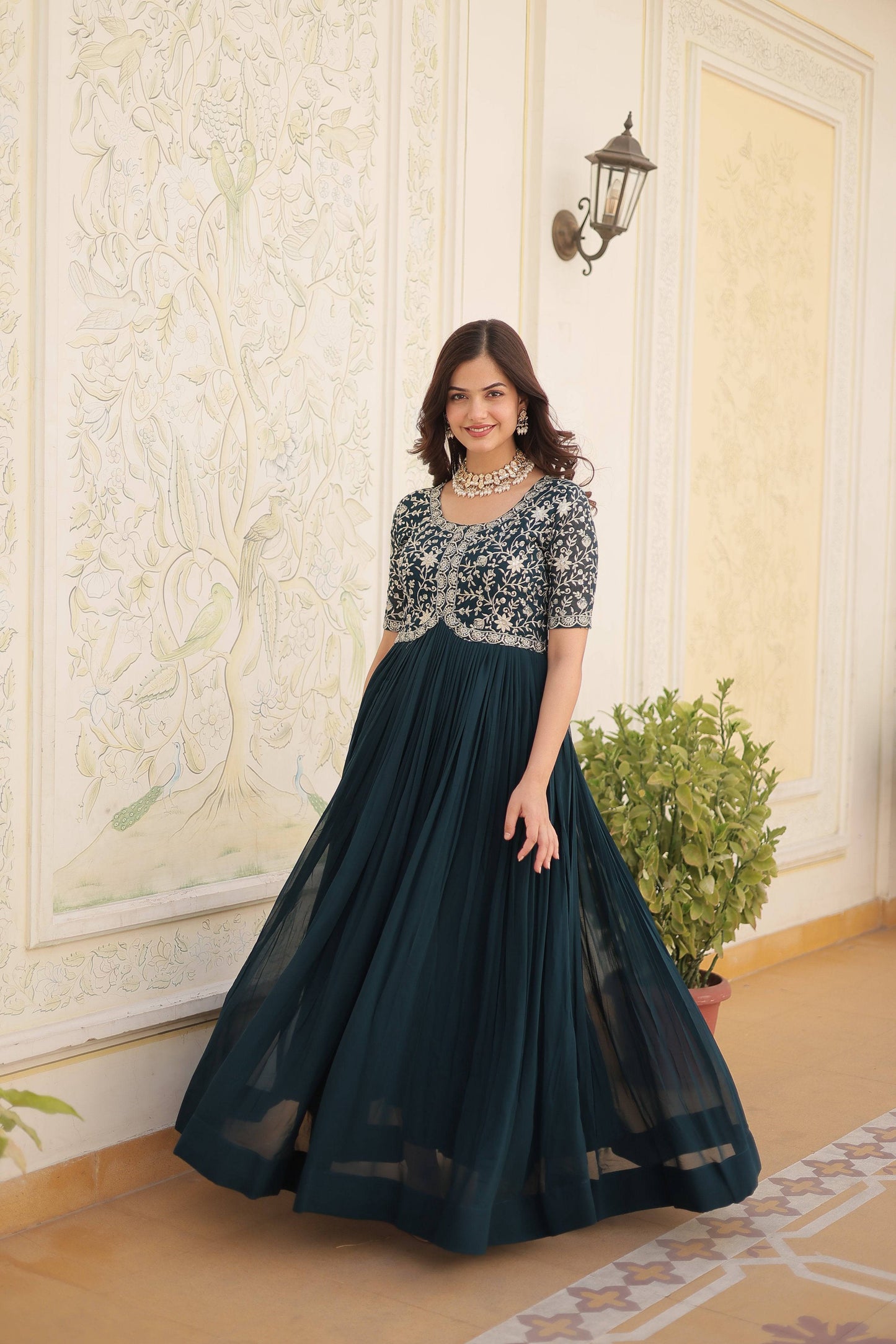 Jyoti Fashion Women's Rama Faux Blooming Sequins with Zari Embroidered Long Anarkali Dress | Swadesiicart