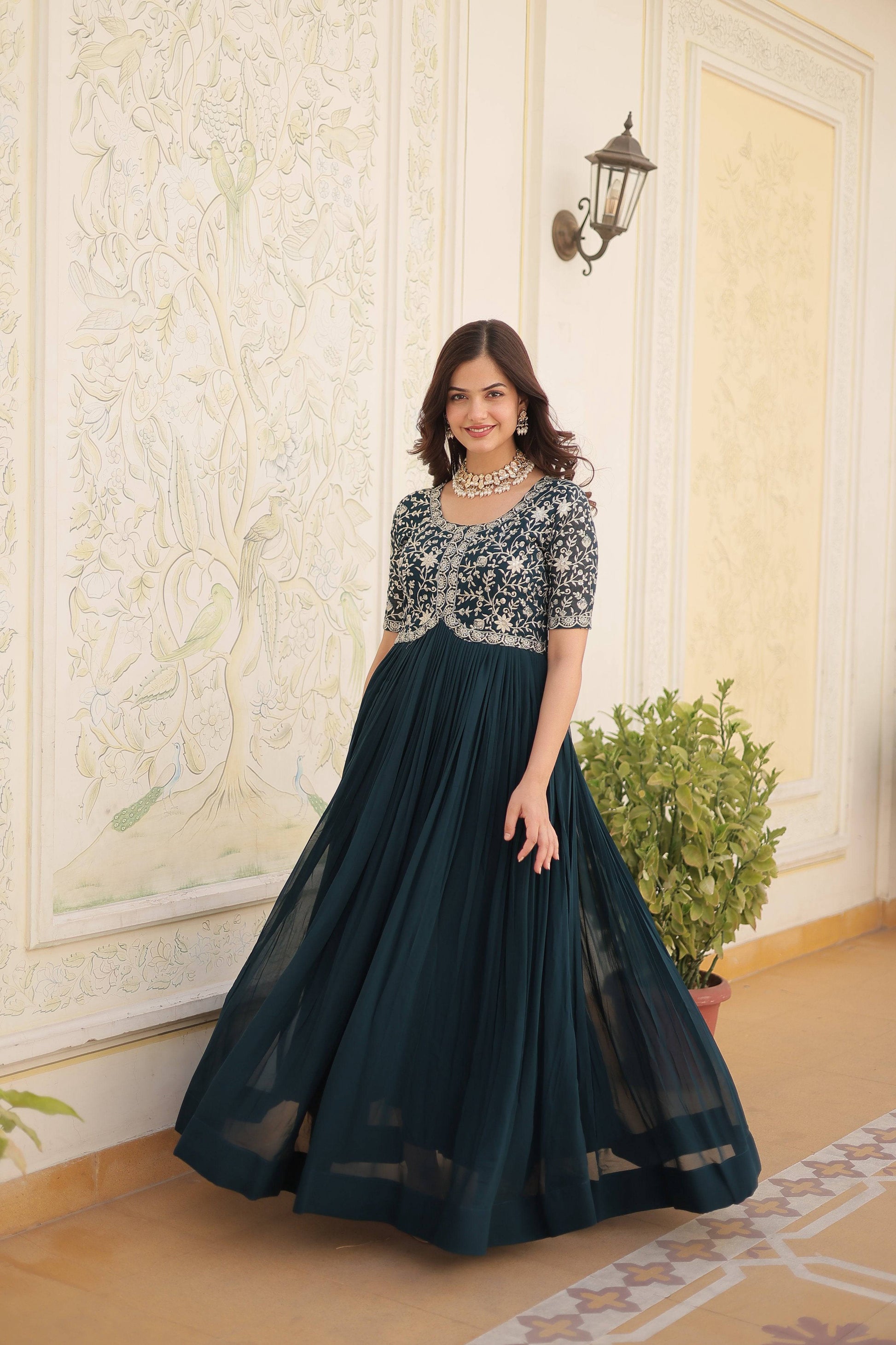 Jyoti Fashion Women's Rama Faux Blooming Sequins with Zari Embroidered Long Anarkali Dress | Swadesiicart