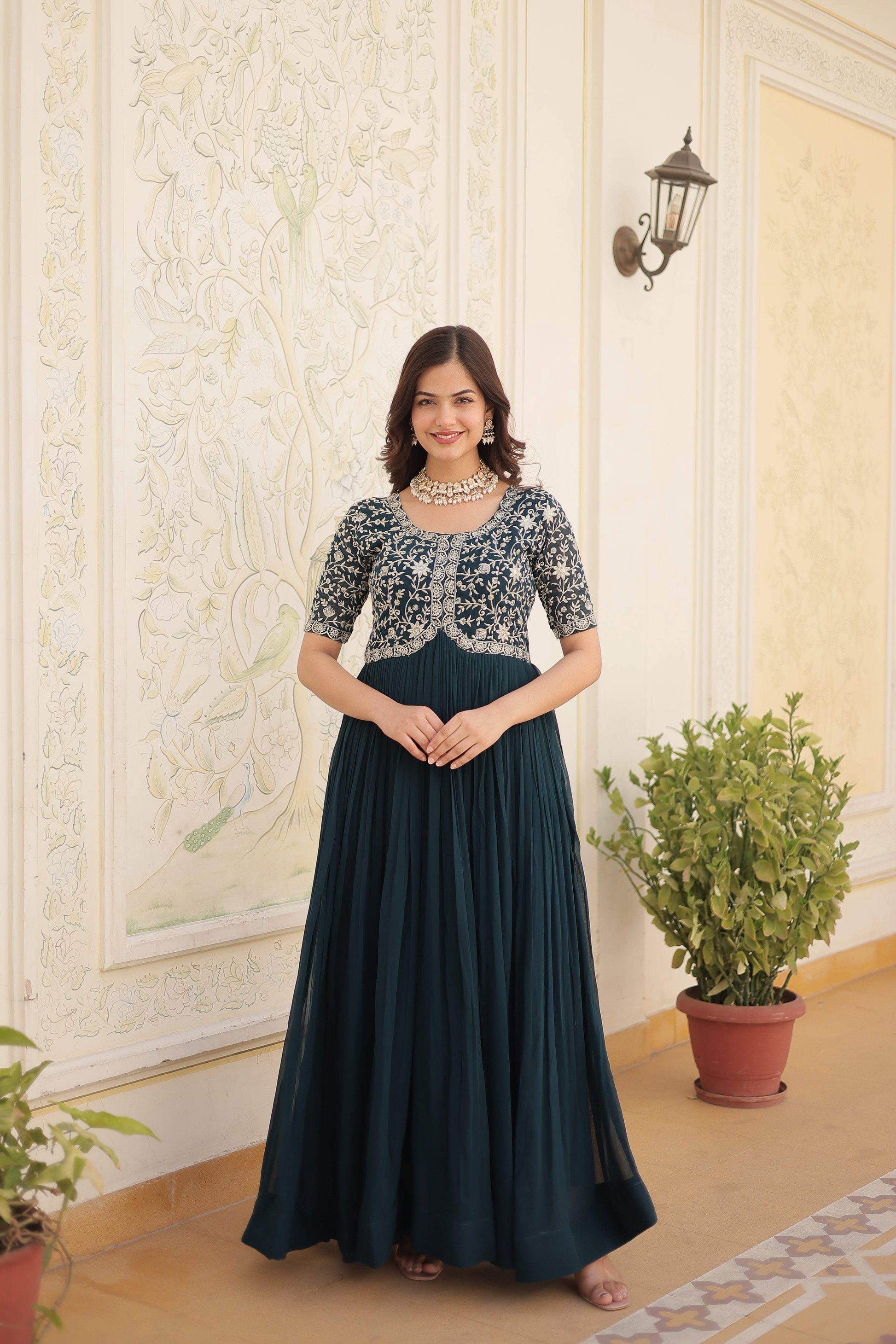 Jyoti Fashion Women's Rama Faux Blooming Sequins with Zari Embroidered Long Anarkali Dress | Swadesiicart