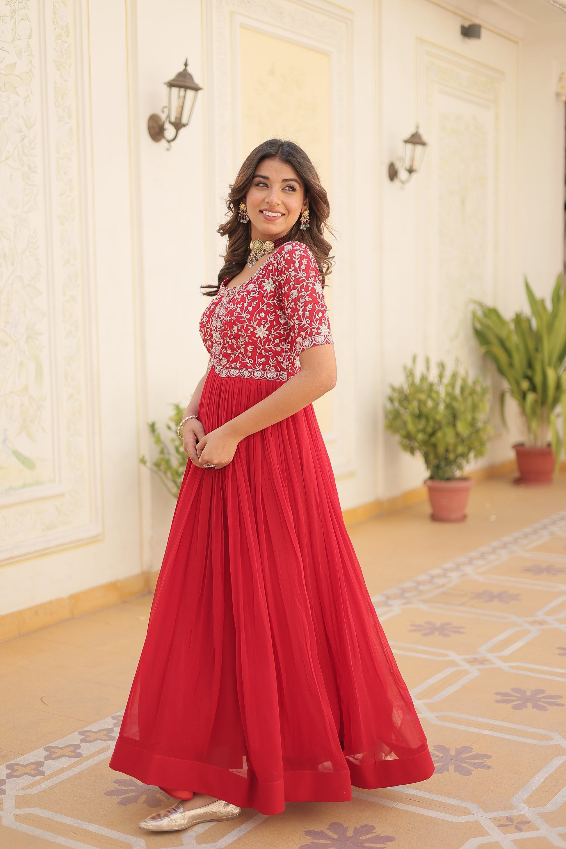 Jyoti Fashion Women's Red Faux Blooming Sequins with Zari Embroidered Long Anarkali Dress | Swadesiicart
