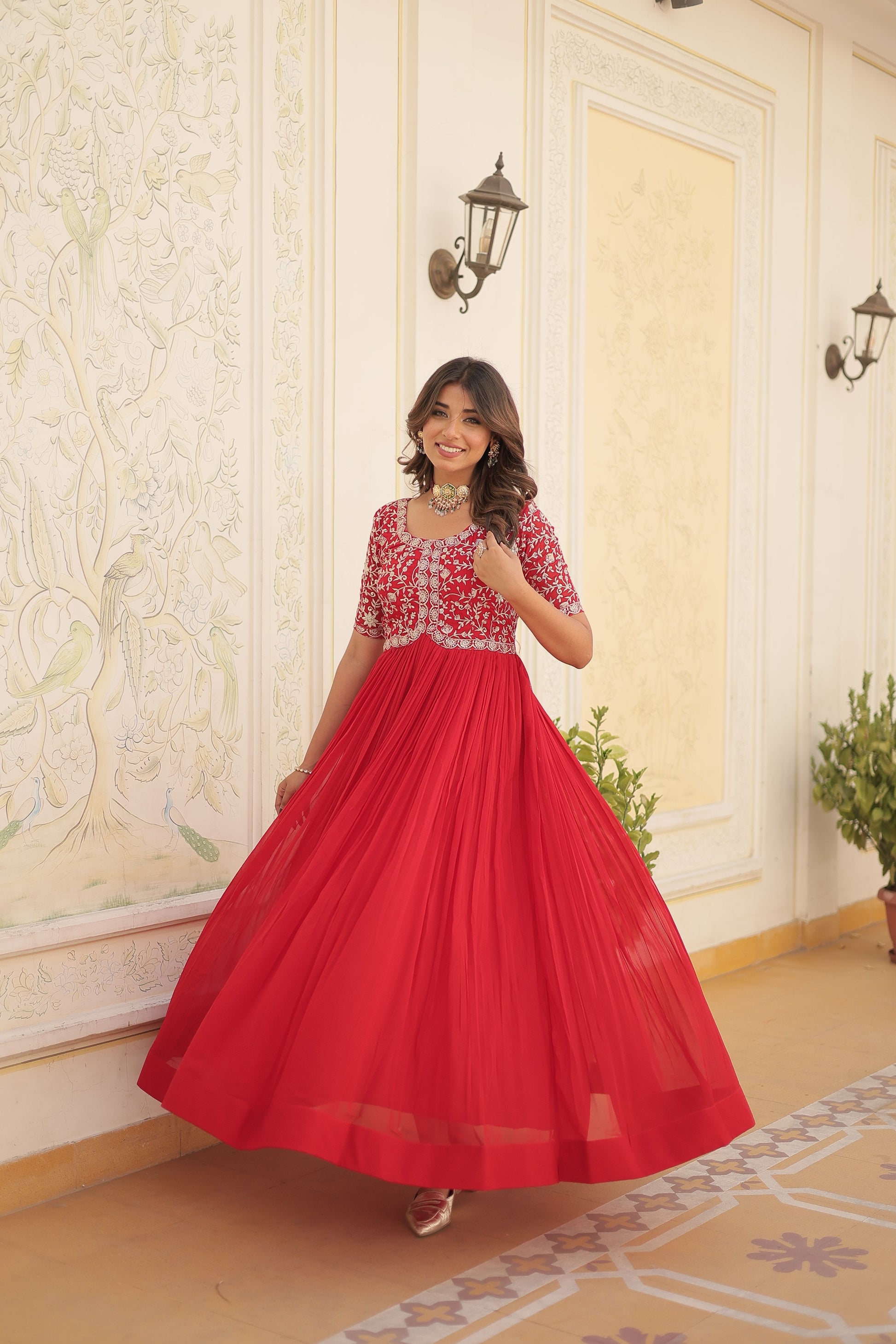 Jyoti Fashion Women's Red Faux Blooming Sequins with Zari Embroidered Long Anarkali Dress | Swadesiicart