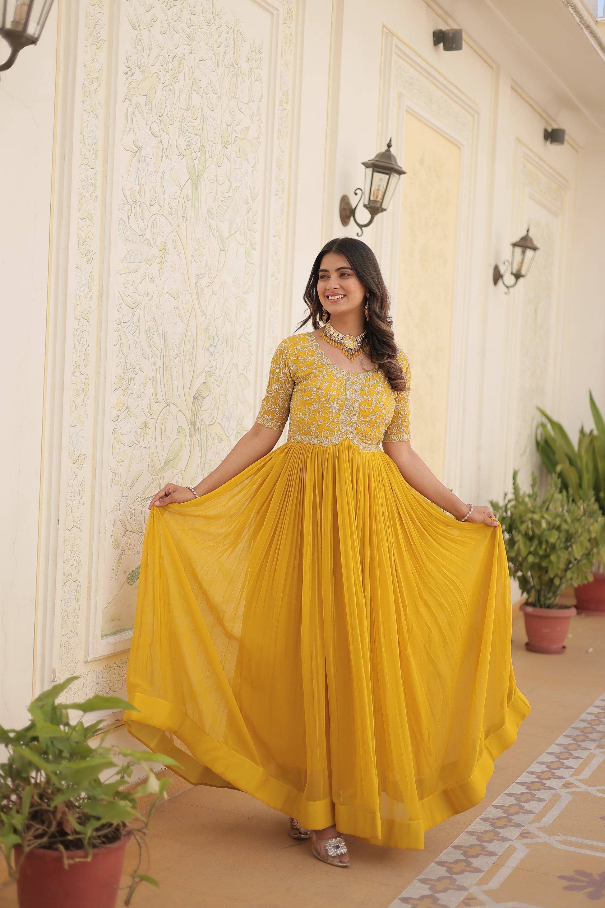 Jyoti Fashion Women's Yellow Faux Blooming Sequins with Zari Embroidered Long Anarkali Dress | Swadesiicart
