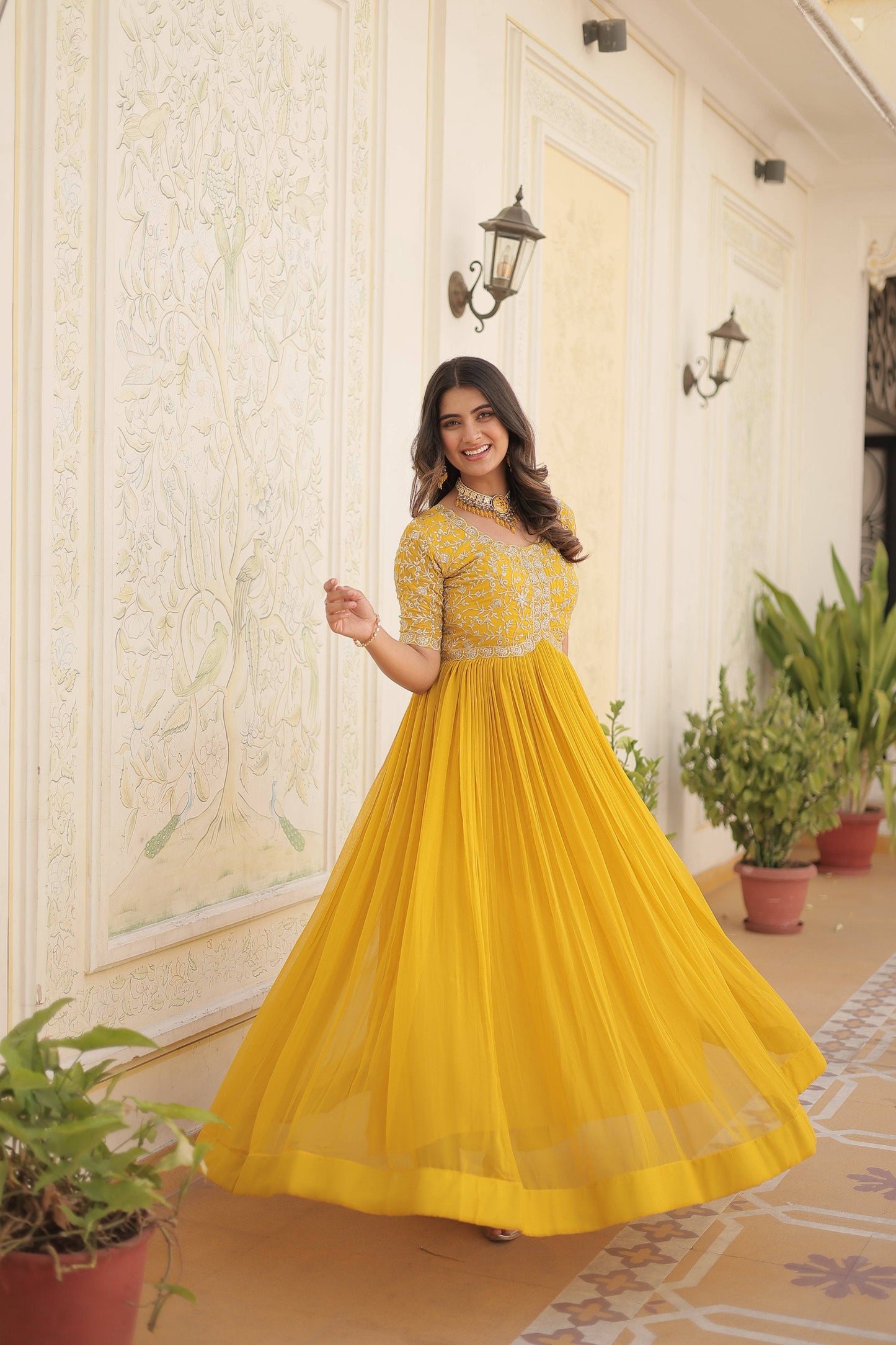 Jyoti Fashion Women's Yellow Faux Blooming Sequins with Zari Embroidered Long Anarkali Dress | Swadesiicart