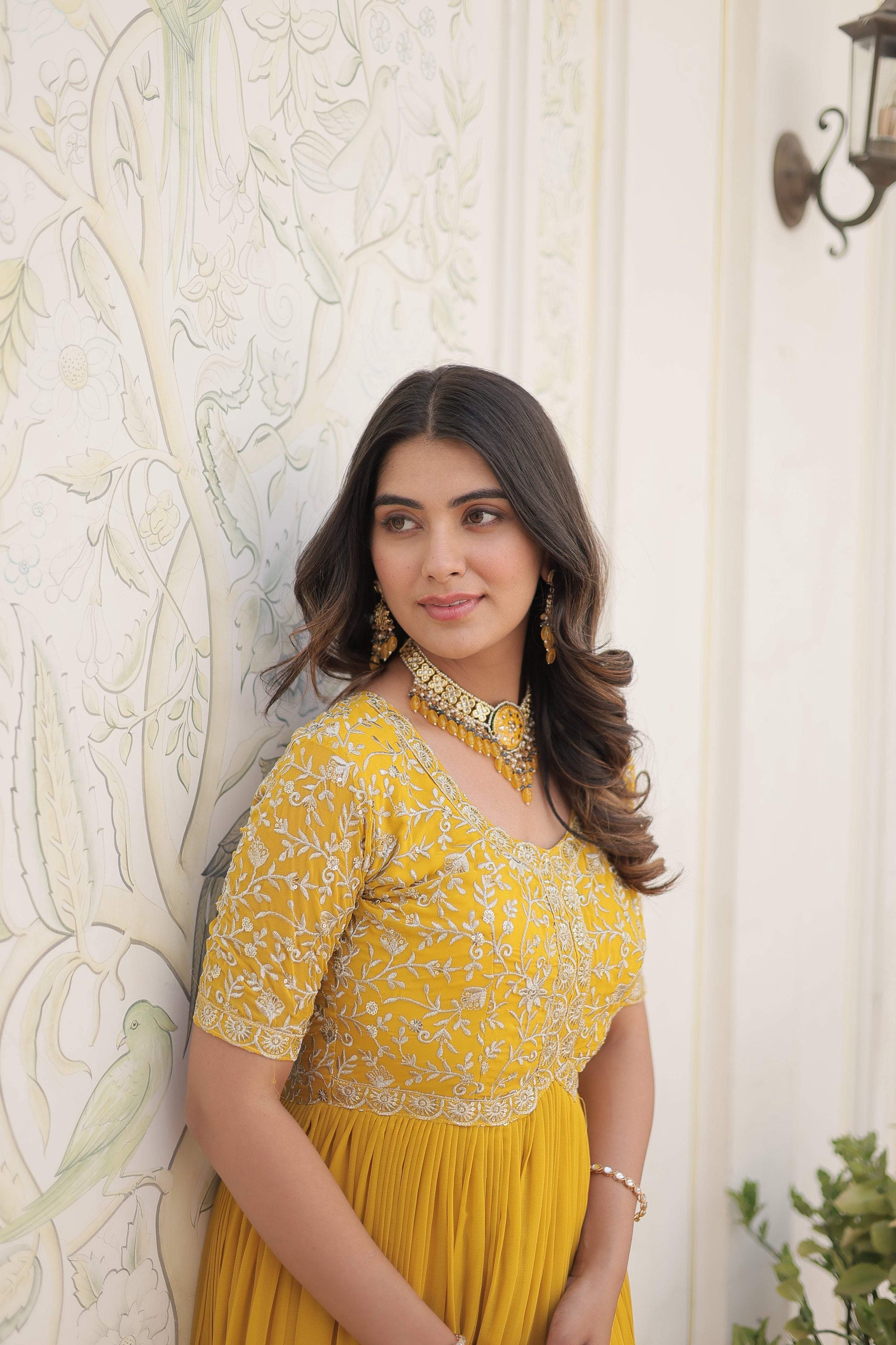 Jyoti Fashion Women's Yellow Faux Blooming Sequins with Zari Embroidered Long Anarkali Dress | Swadesiicart