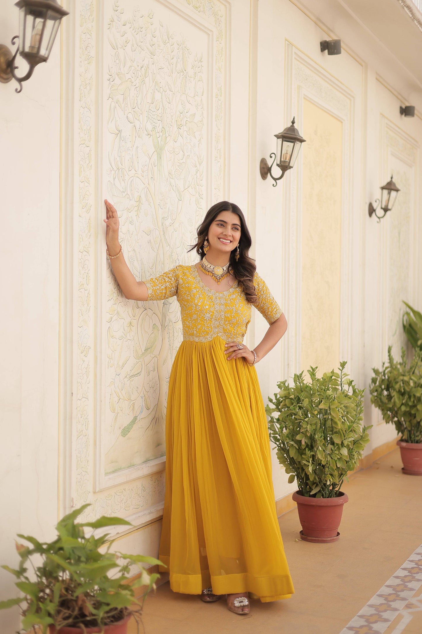 Jyoti Fashion Women's Yellow Faux Blooming Sequins with Zari Embroidered Long Anarkali Dress | Swadesiicart