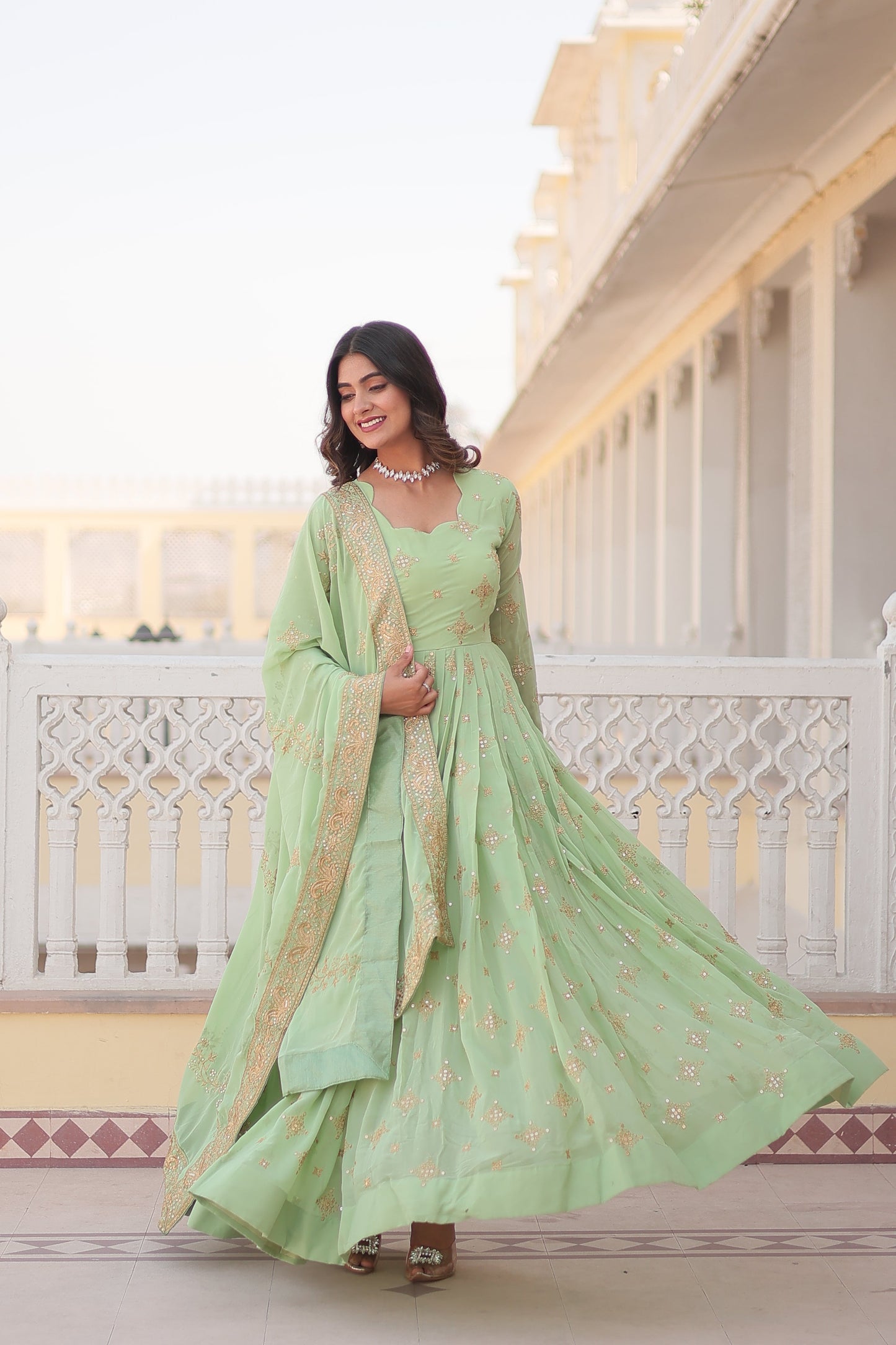 Jyoti Fashion Women's Pista Green Faux Georgette Sequins with Zari Embroidered Anarkali Kurta with Dupatta | Swadesiicart