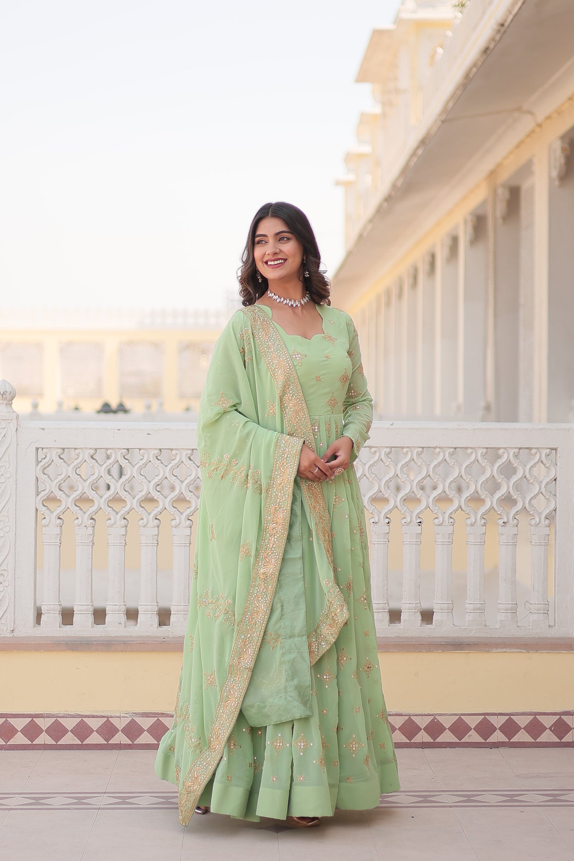 Jyoti Fashion Women's Pista Green Faux Georgette Sequins with Zari Embroidered Anarkali Kurta with Dupatta | Swadesiicart
