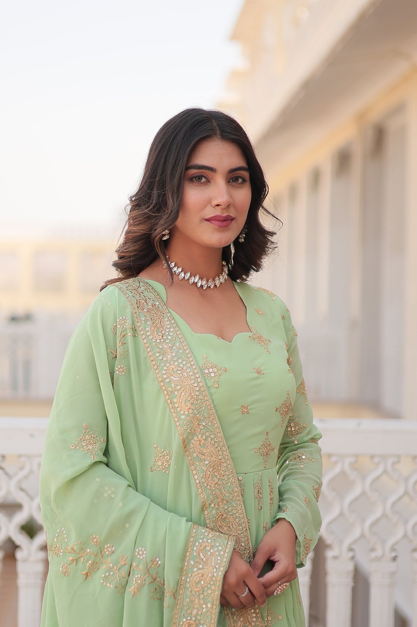 Jyoti Fashion Women's Pista Green Faux Georgette Sequins with Zari Embroidered Anarkali Kurta with Dupatta | Swadesiicart