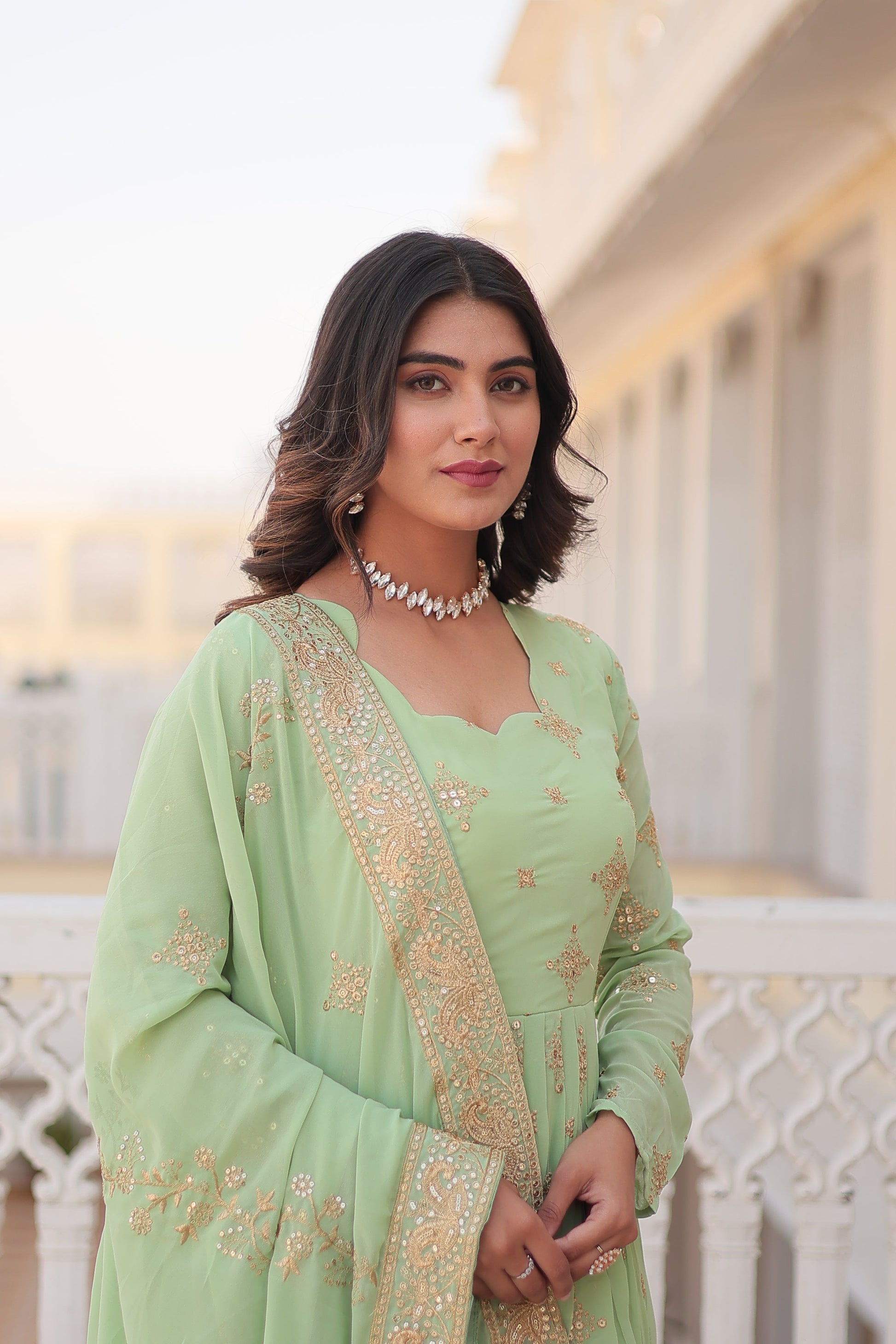 Jyoti Fashion Women's Pista Green Faux Georgette Sequins with Zari Embroidered Anarkali Kurta with Dupatta | Swadesiicart