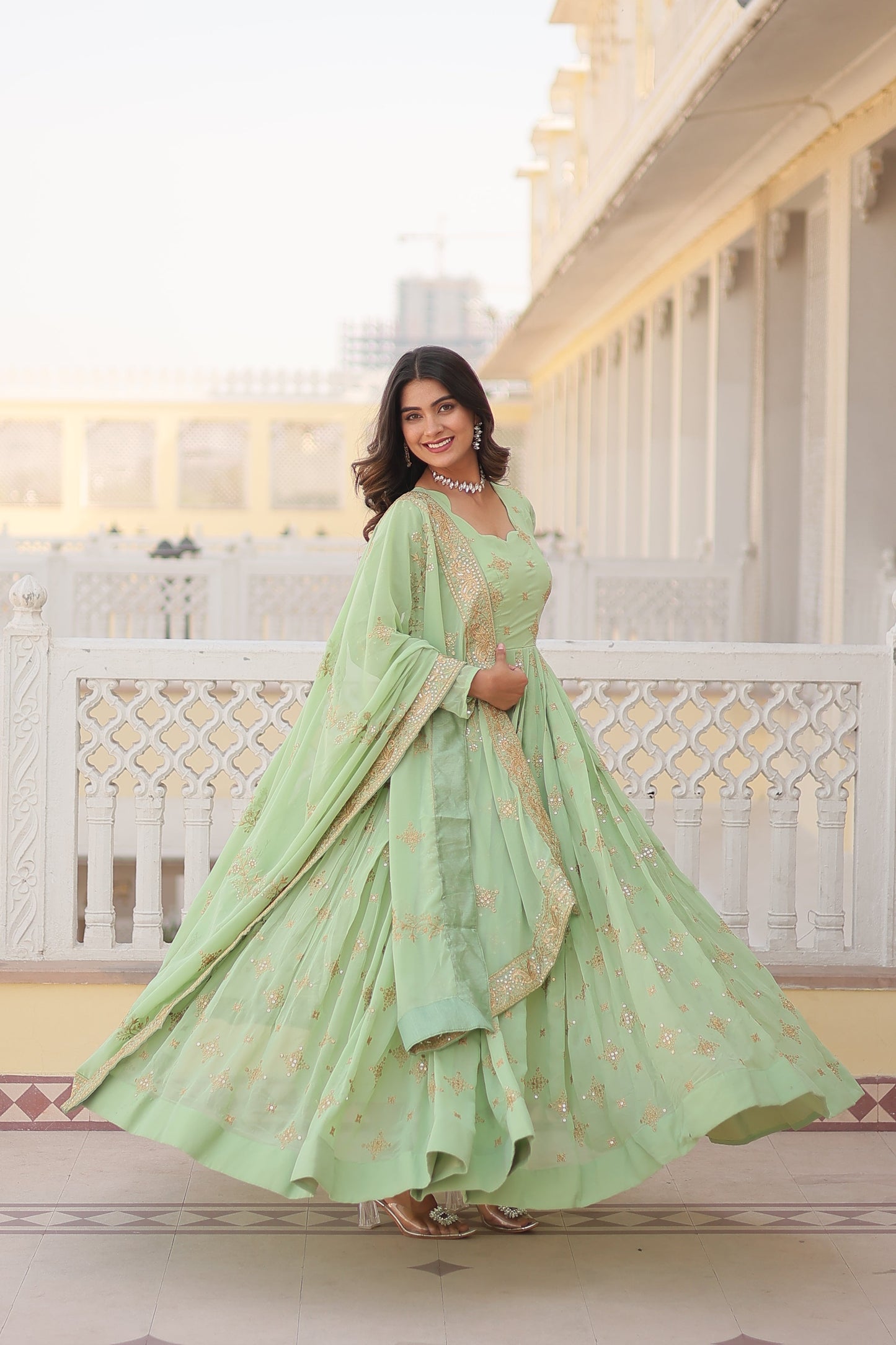 Jyoti Fashion Women's Pista Green Faux Georgette Sequins with Zari Embroidered Anarkali Kurta with Dupatta | Swadesiicart