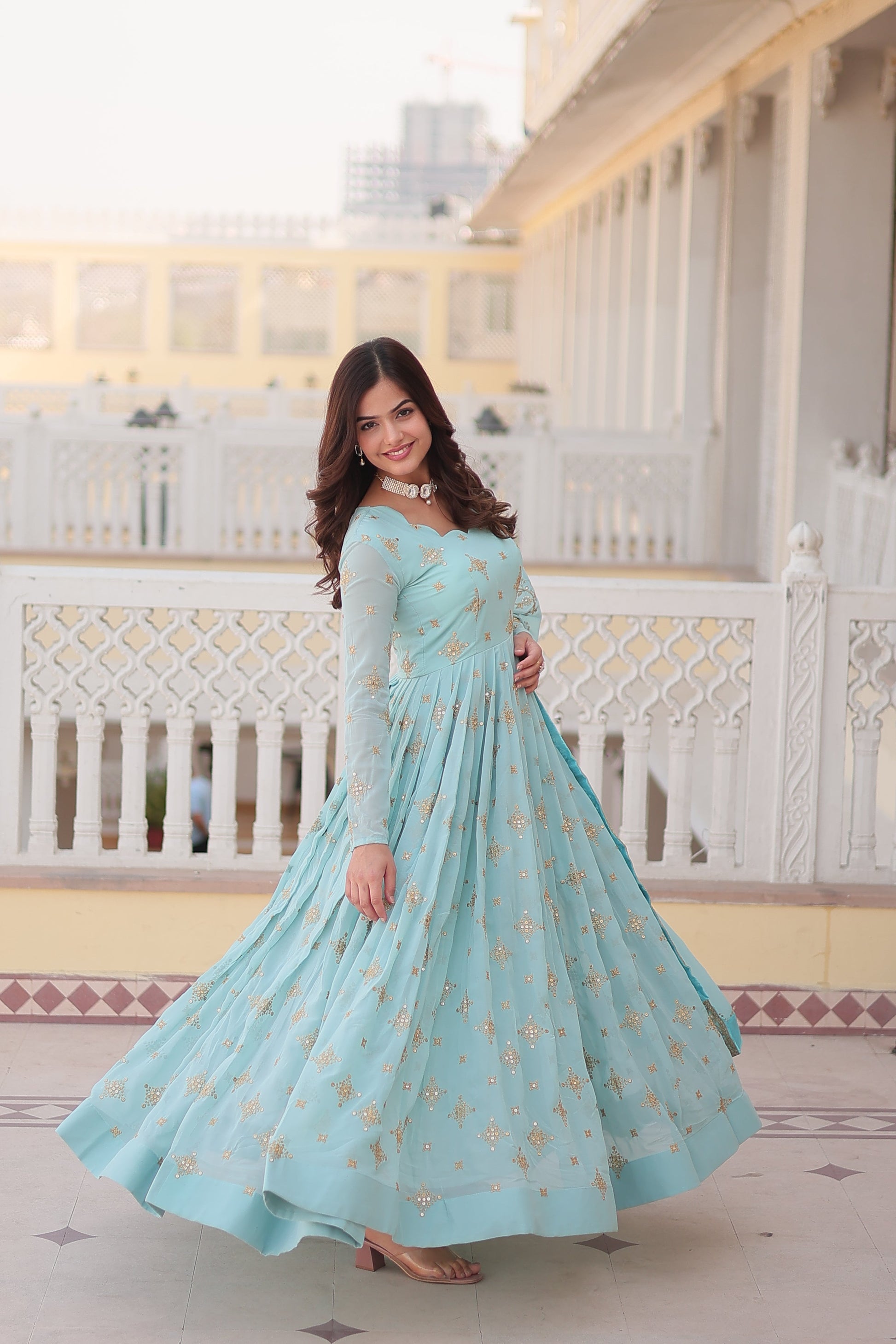 Jyoti Fashion Women's Sky Blue Faux Georgette Sequins with Zari Embroidered Anarkali Kurta with Dupatta | Swadesiicart