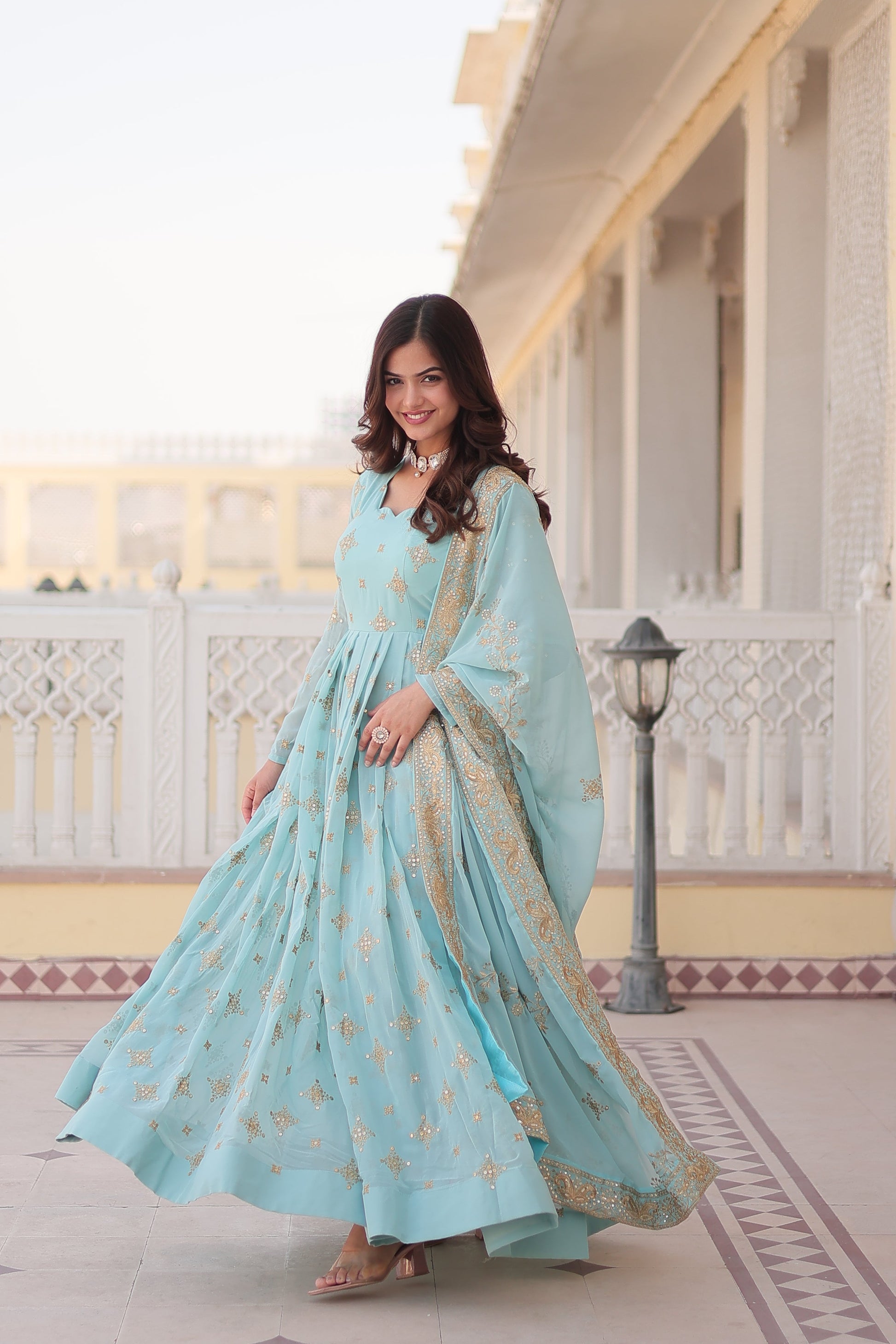Jyoti Fashion Women's Sky Blue Faux Georgette Sequins with Zari Embroidered Anarkali Kurta with Dupatta | Swadesiicart