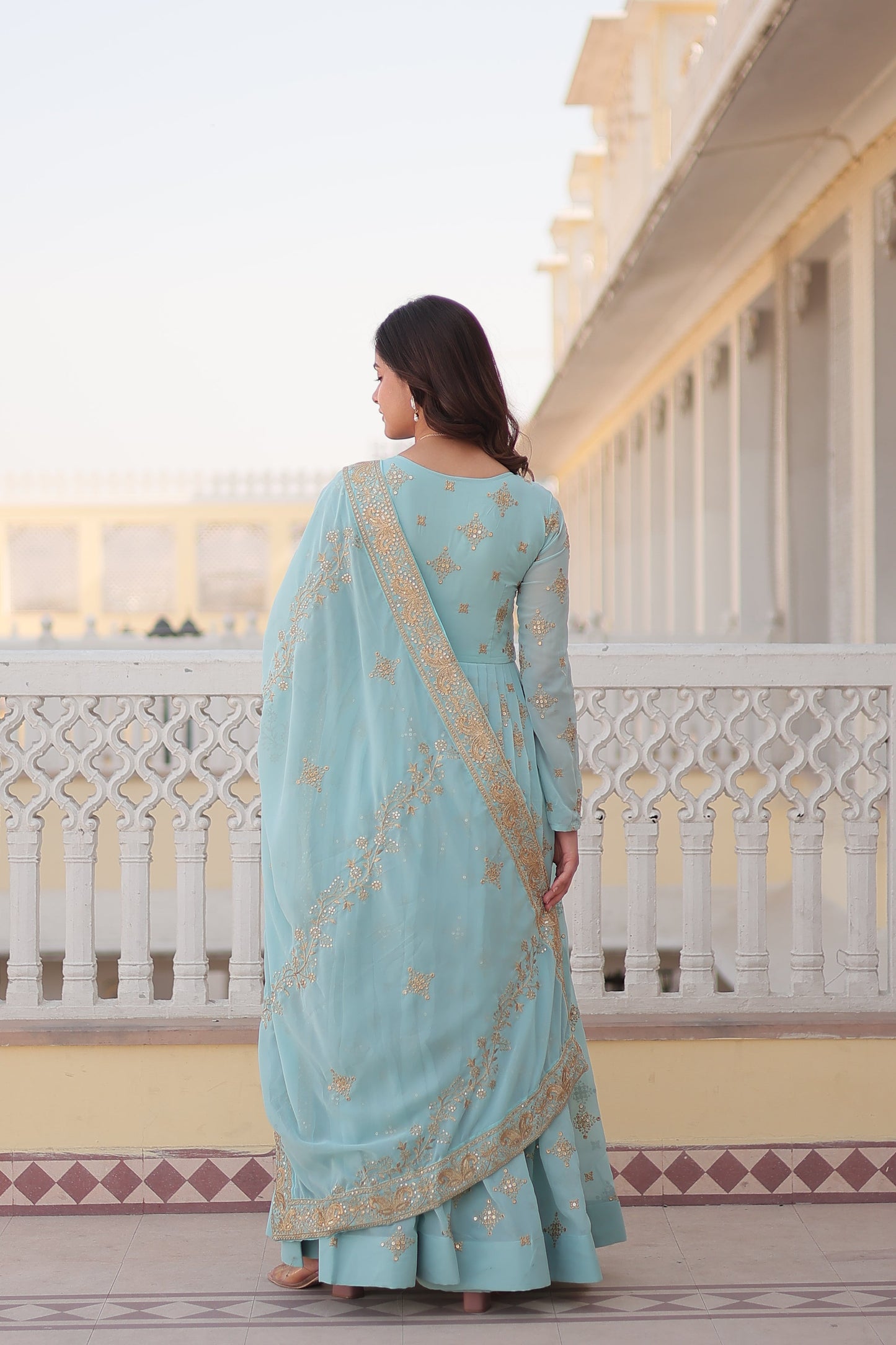 Jyoti Fashion Women's Sky Blue Faux Georgette Sequins with Zari Embroidered Anarkali Kurta with Dupatta | Swadesiicart