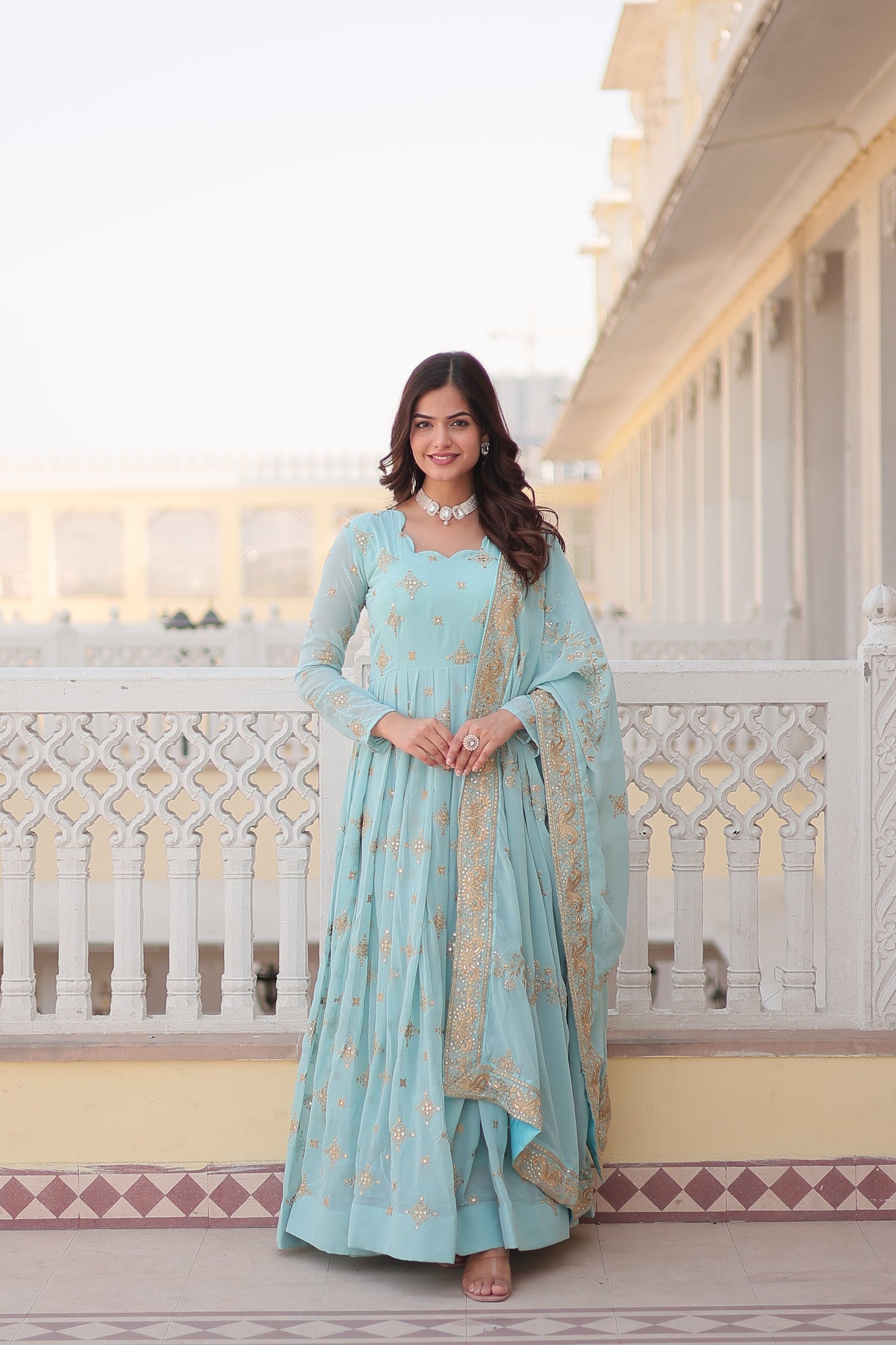 Jyoti Fashion Women's Sky Blue Faux Georgette Sequins with Zari Embroidered Anarkali Kurta with Dupatta | Swadesiicart