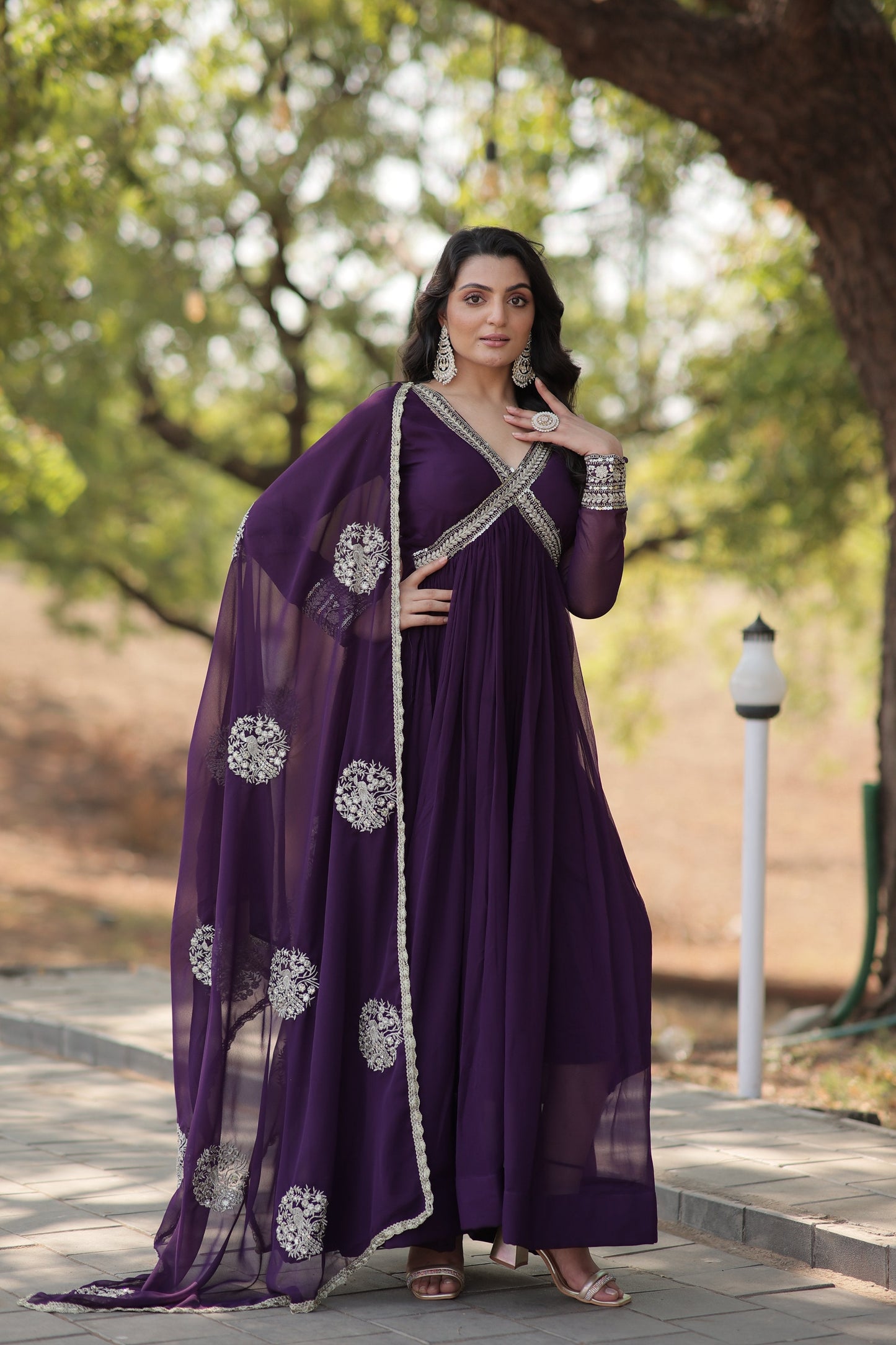 Jyoti Fashion Women's Purple Faux Blooming Sequins with Zari Embroidered Anarkali Kurta with Dupatta | Swadesiicart