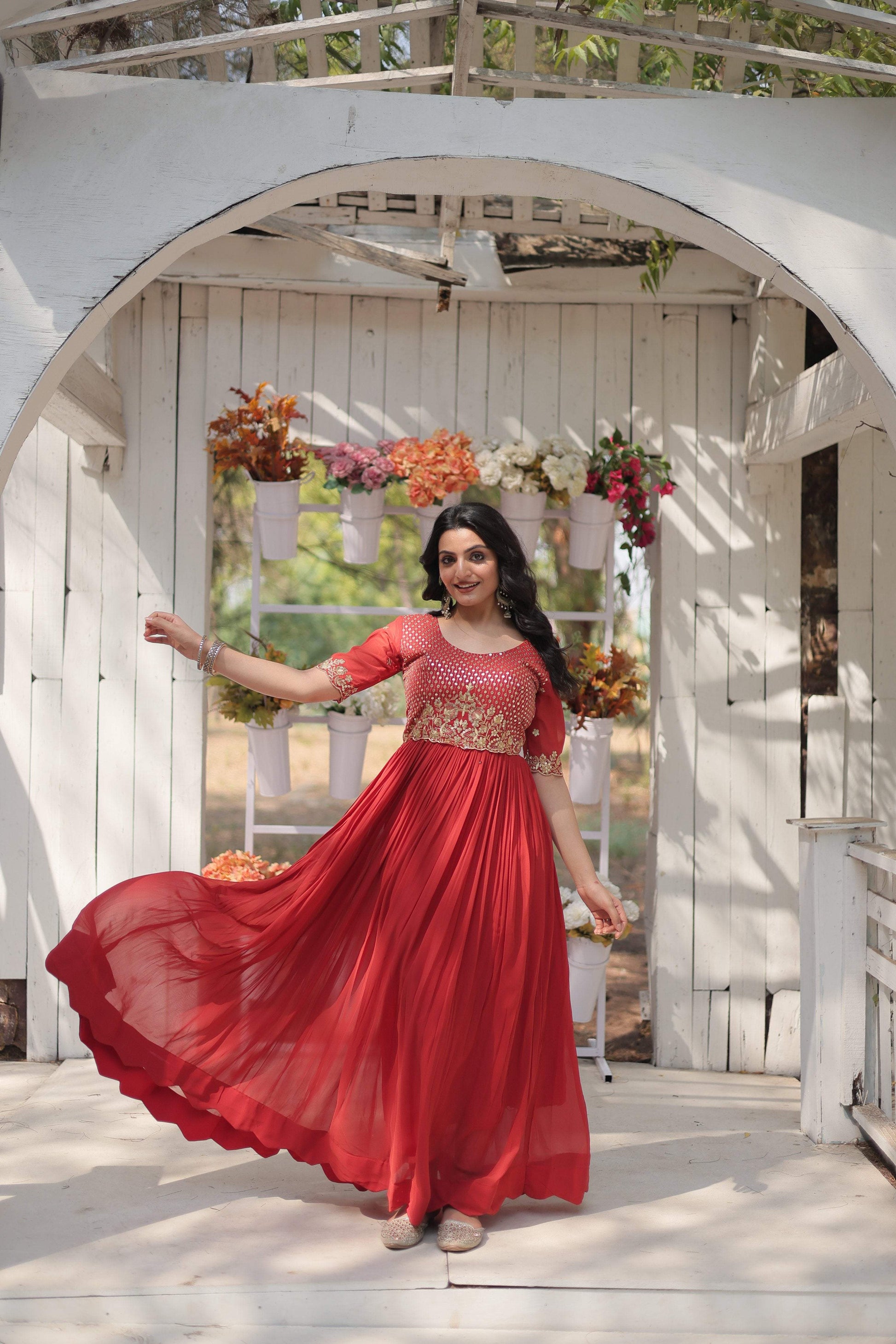 Jyoti Fashion Women's Orange Faux Blooming Sequins with Zari Embroidered Long Anarkali Dress | Swadesiicart