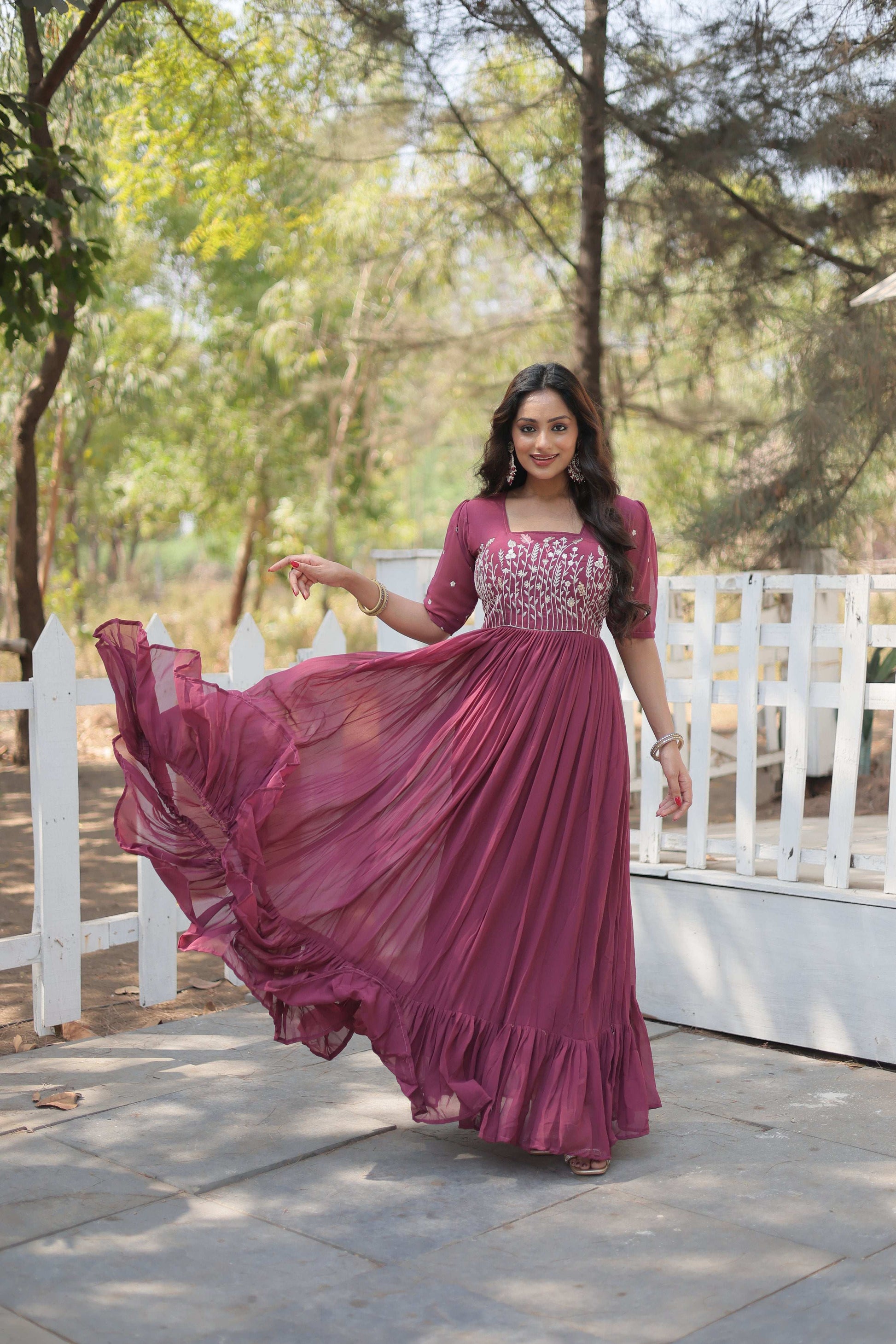 Jyoti Fashion Women's Onion Faux Georgette Sequins with Zari Embroidered Long Anarkali Dress | Swadesiicart