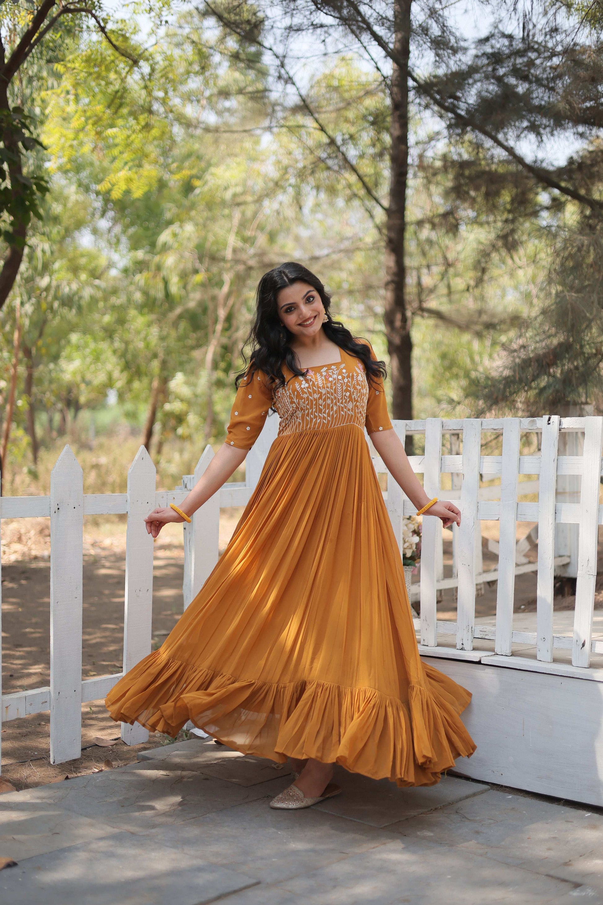 Jyoti Fashion Women's Mustard Faux Georgette Sequins with Zari Embroidered Long Anarkali Dress | Swadesiicart