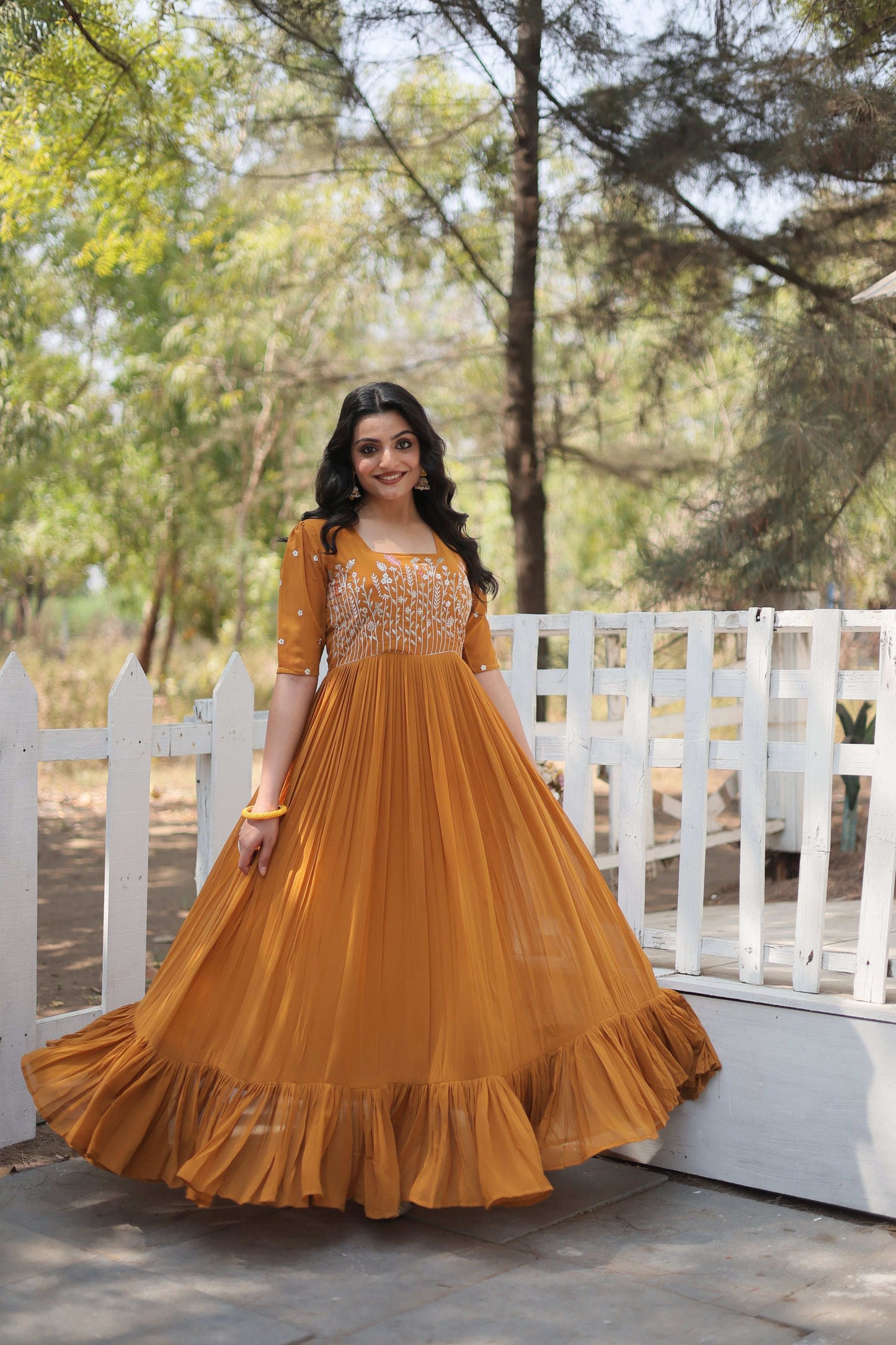 Jyoti Fashion Women's Mustard Faux Georgette Sequins with Zari Embroidered Long Anarkali Dress | Swadesiicart