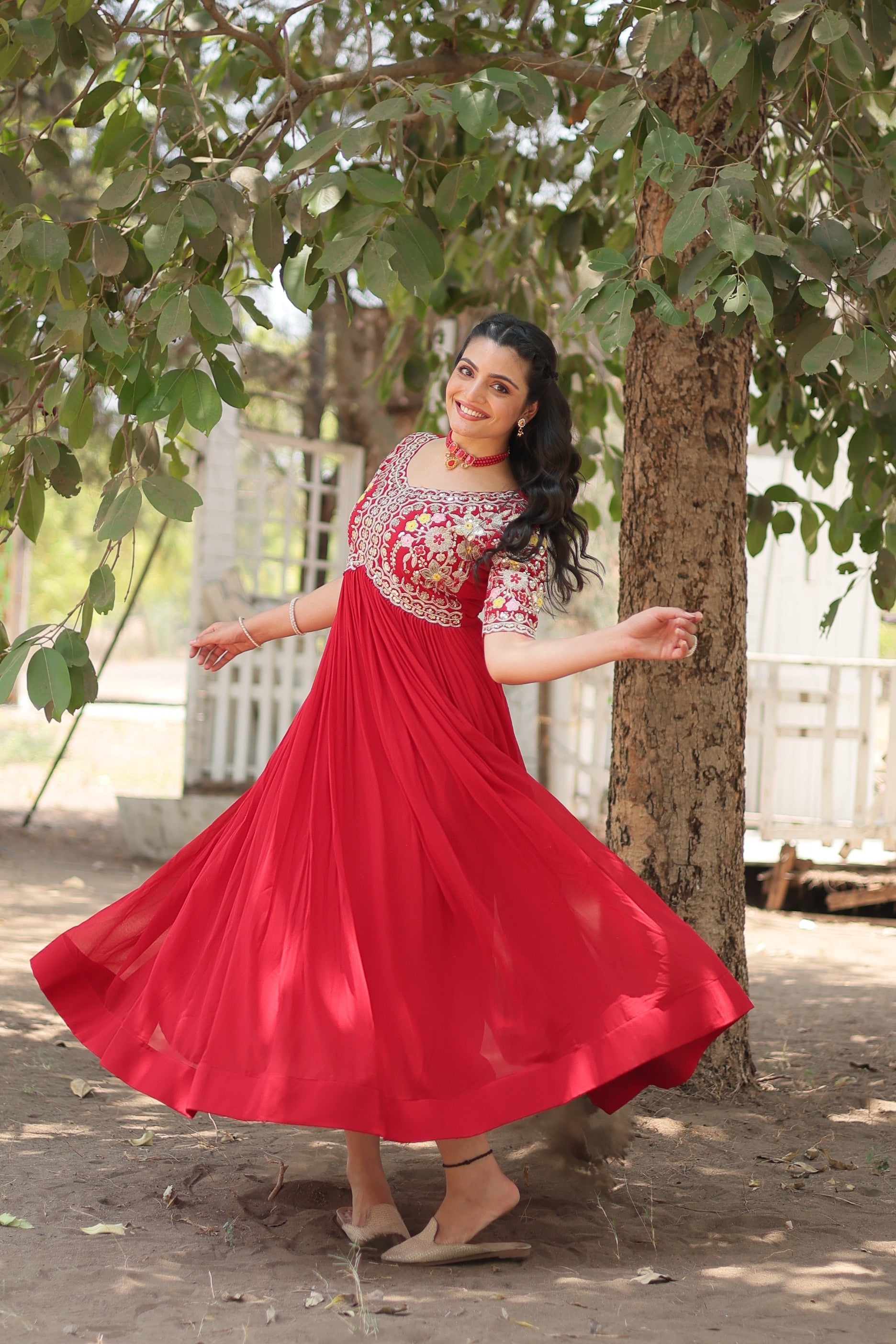 Jyoti Fashion Women's Red Faux Blooming Sequins with Zari Embroidered Long Anarkali Dress | Swadesiicart