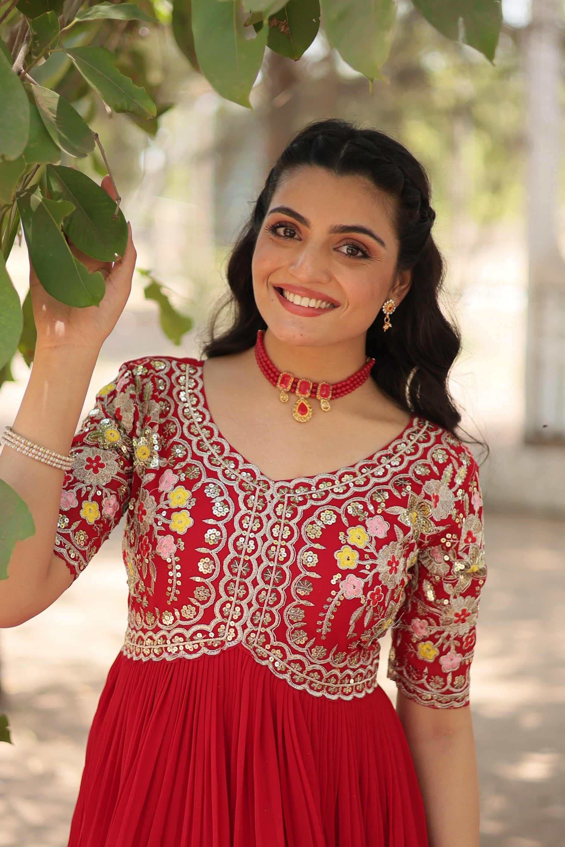 Jyoti Fashion Women's Red Faux Blooming Sequins with Zari Embroidered Long Anarkali Dress | Swadesiicart