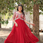 Jyoti Fashion Women's Red Faux Blooming Sequins with Zari Embroidered Long Anarkali Dress | Swadesiicart