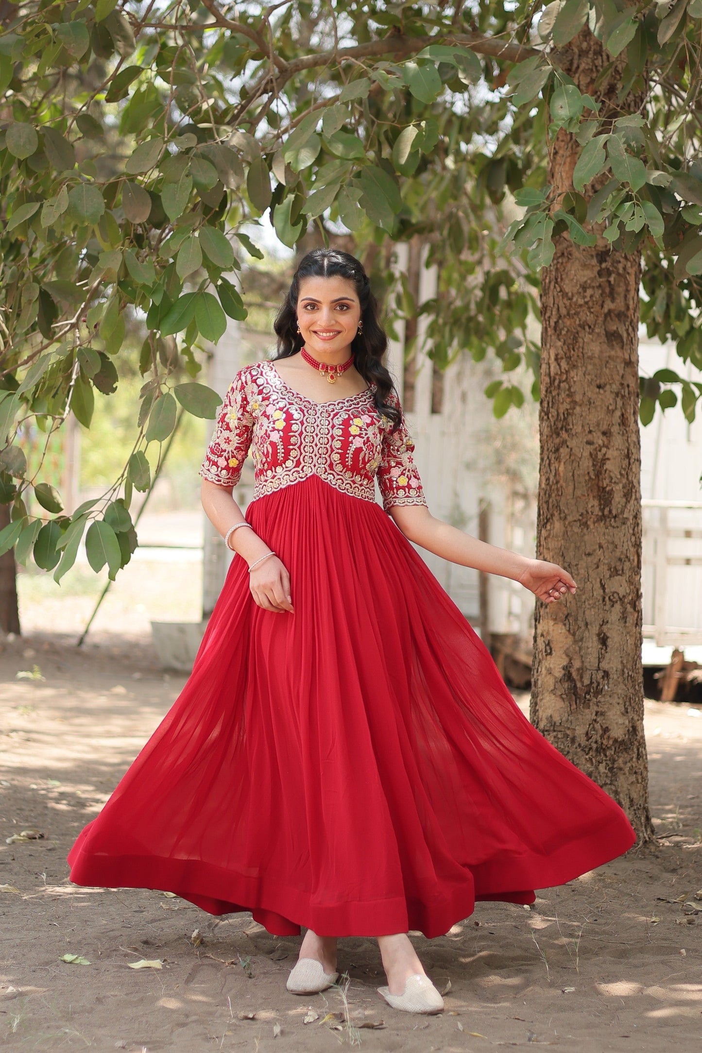 Jyoti Fashion Women's Red Faux Blooming Sequins with Zari Embroidered Long Anarkali Dress | Swadesiicart
