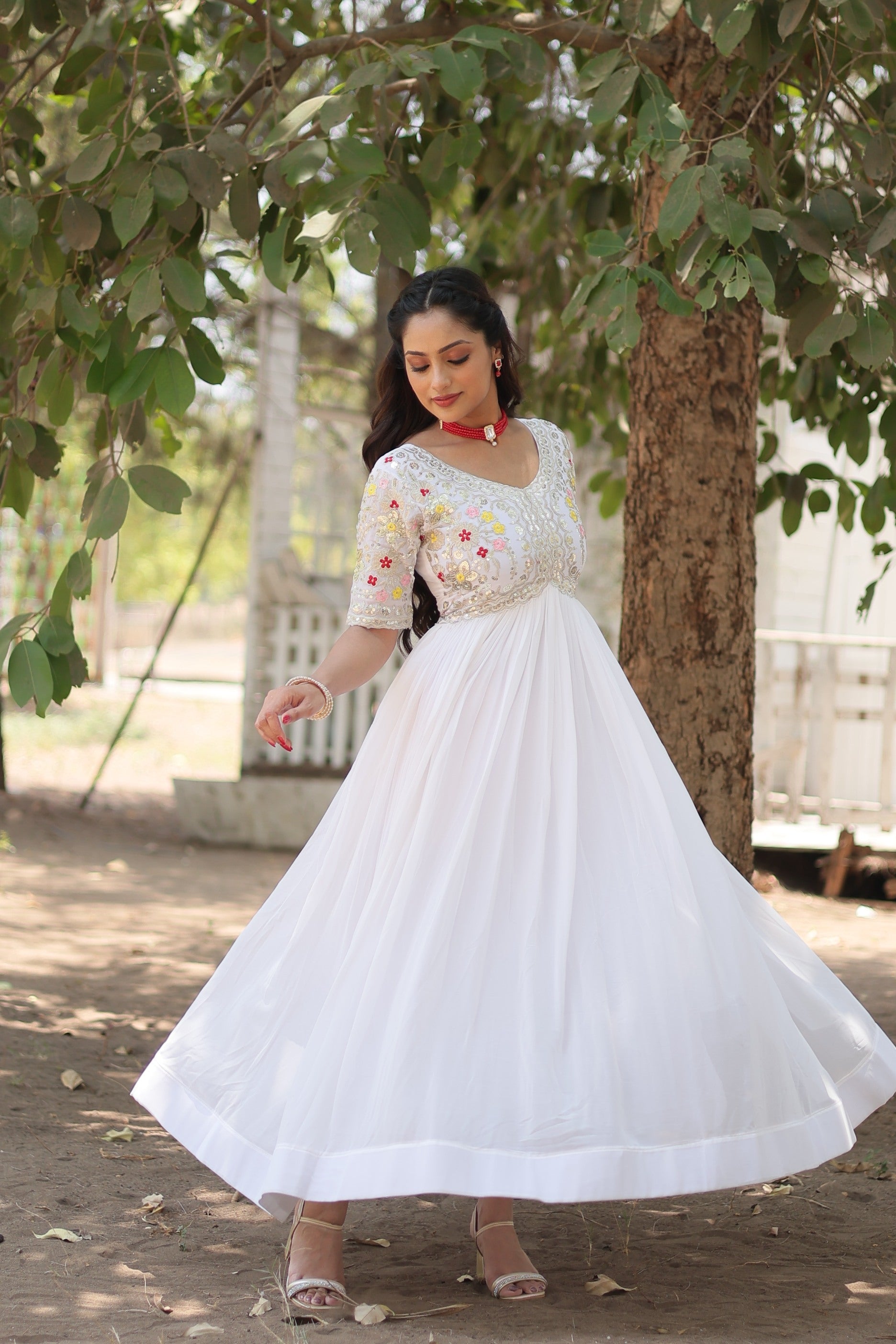 Jyoti Fashion Women's White Faux Blooming Sequins with Zari Embroidered Long Anarkali Dress | Swadesiicart