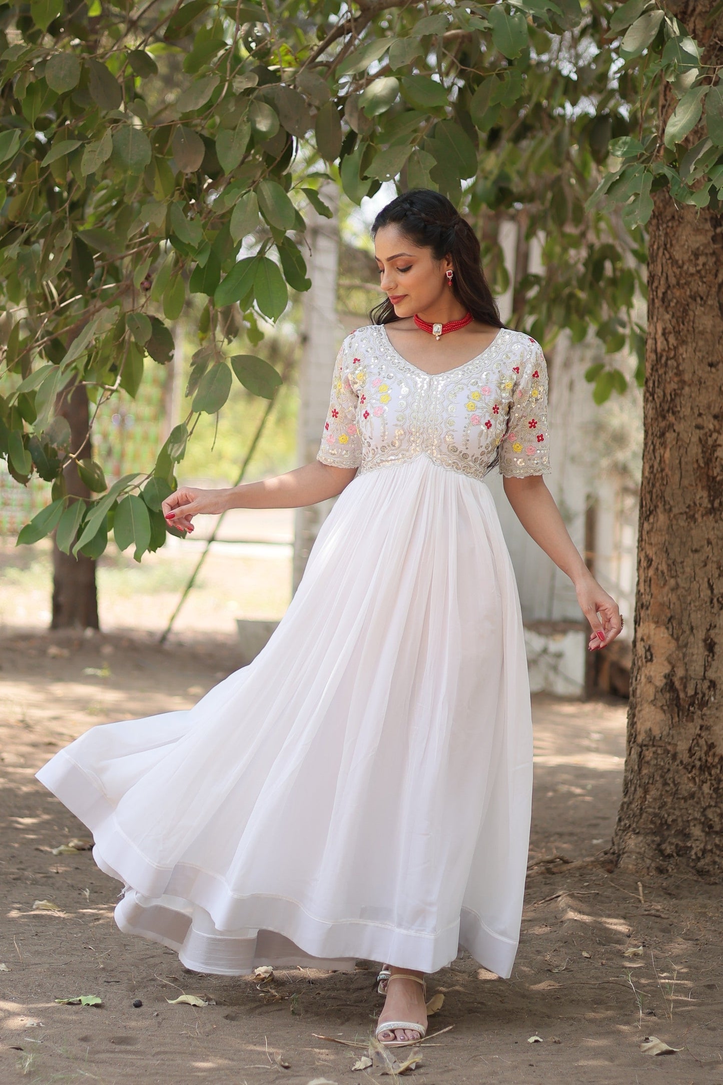 Jyoti Fashion Women's White Faux Blooming Sequins with Zari Embroidered Long Anarkali Dress | Swadesiicart
