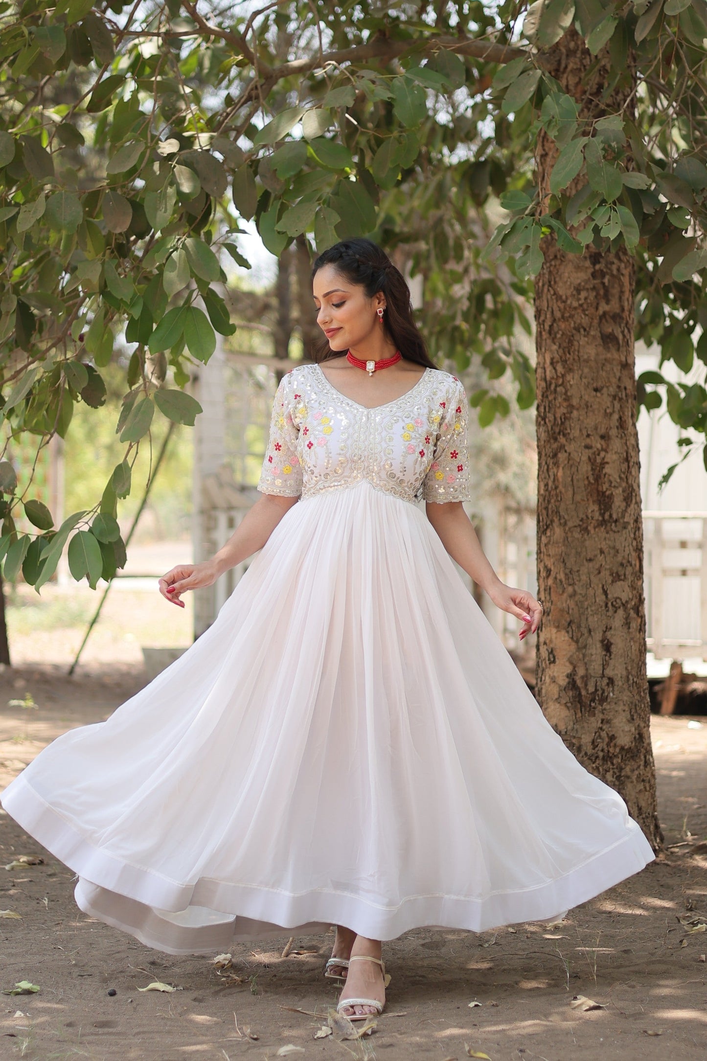 Jyoti Fashion Women's White Faux Blooming Sequins with Zari Embroidered Long Anarkali Dress | Swadesiicart