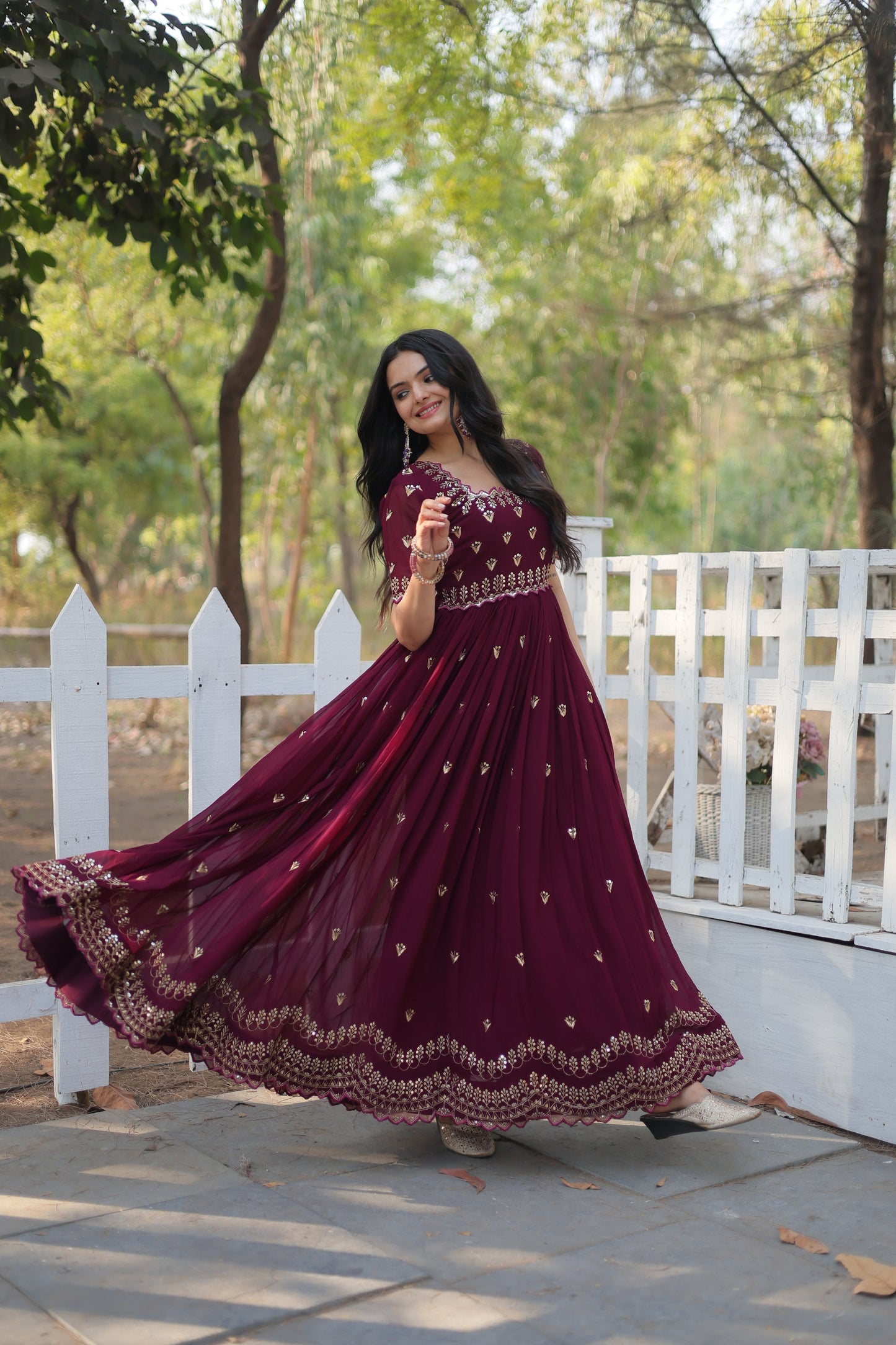 Jyoti Fashion Women's Wine Faux Blooming Sequins with Zari Embroidered Long Anarkali Dress | Swadesiicart
