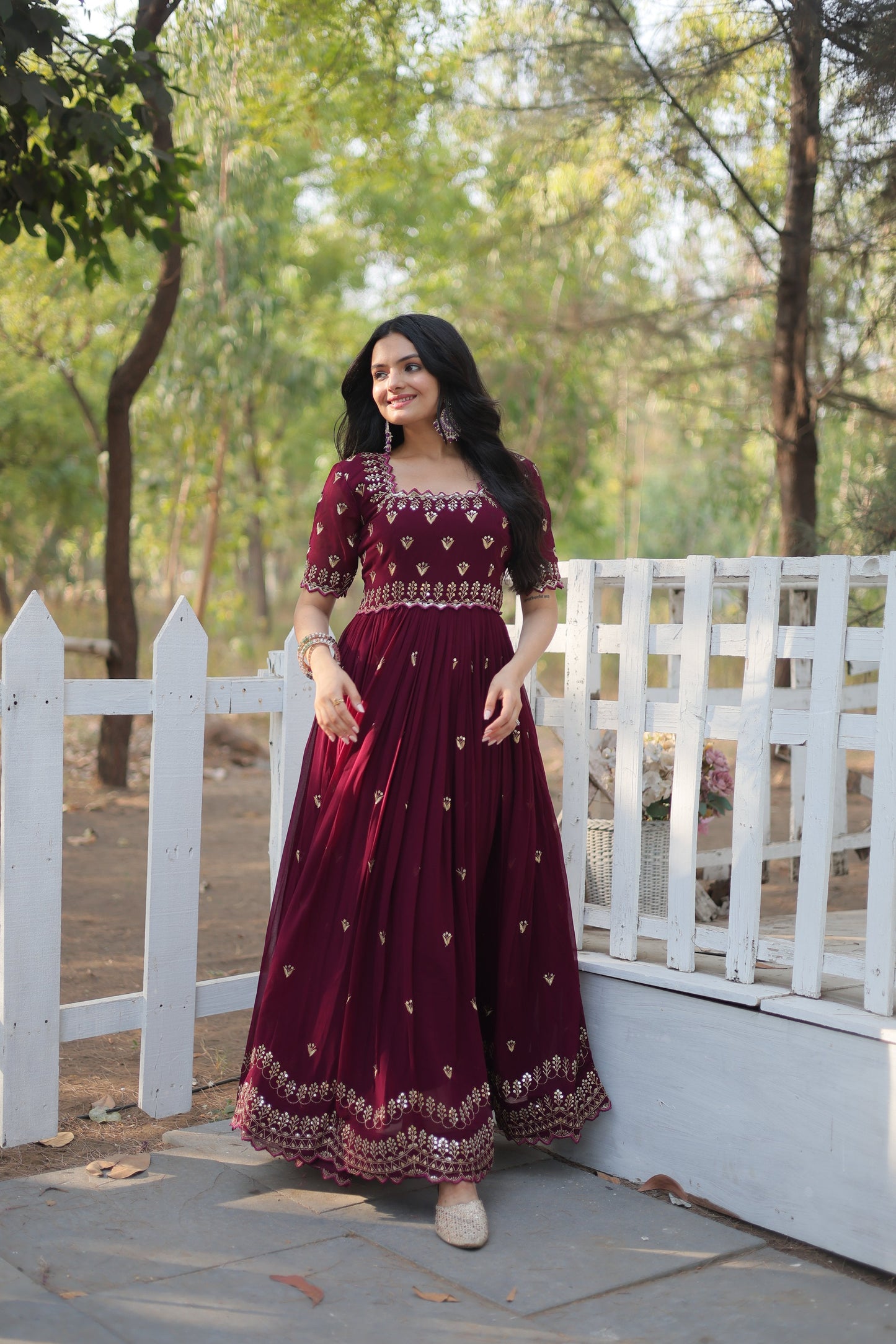 Jyoti Fashion Women's Wine Faux Blooming Sequins with Zari Embroidered Long Anarkali Dress | Swadesiicart