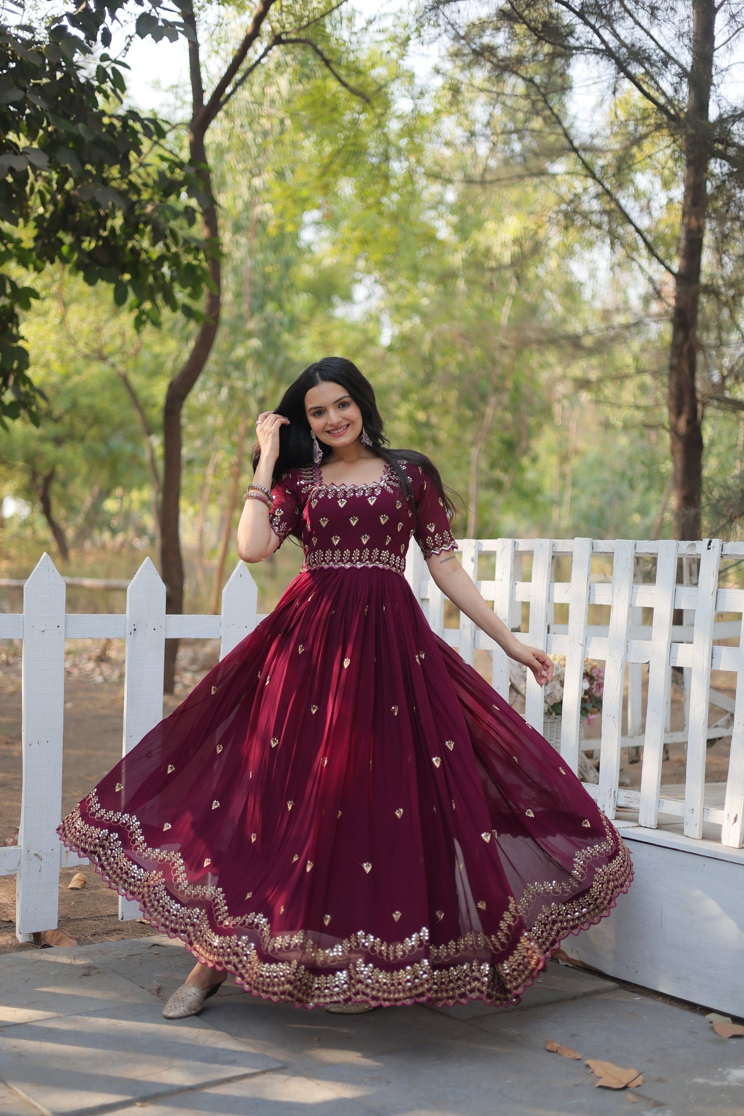 Jyoti Fashion Women's Wine Faux Blooming Sequins with Zari Embroidered Long Anarkali Dress | Swadesiicart