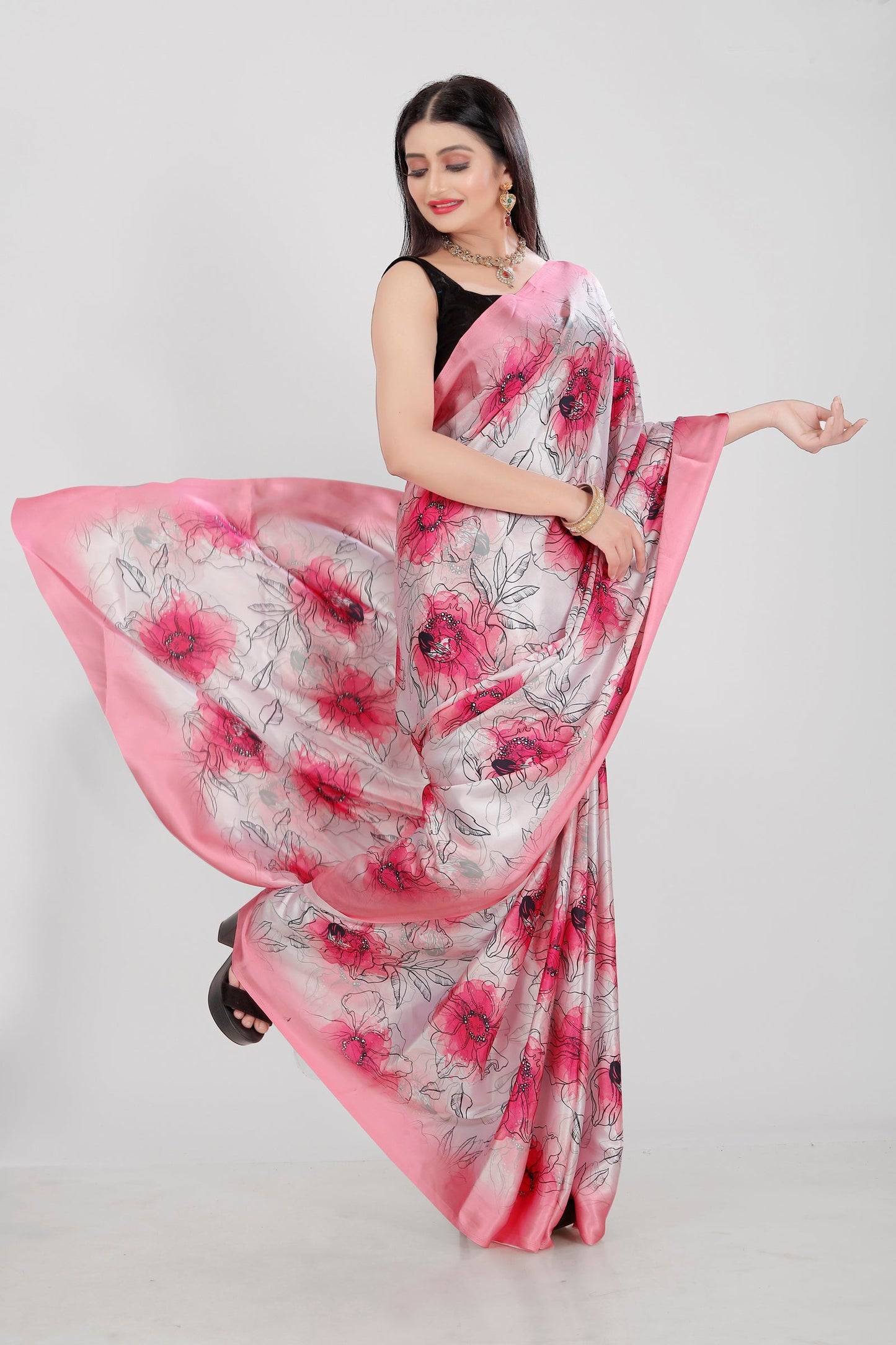 Jyoti Fashion Women's Multicolor Pure Japan Satin Digital Printed Designer Saree with Blouse | Swadesiicart