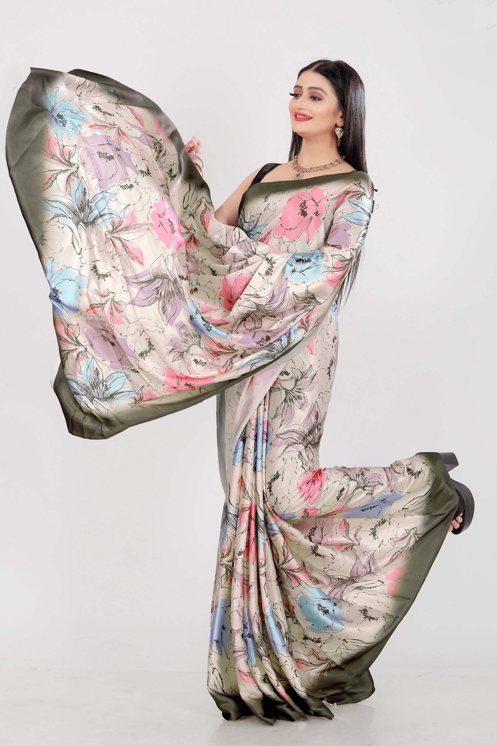 Jyoti Fashion Women's Multicolor Pure Japan Satin Digital Printed Designer Saree with Blouse | Swadesiicart